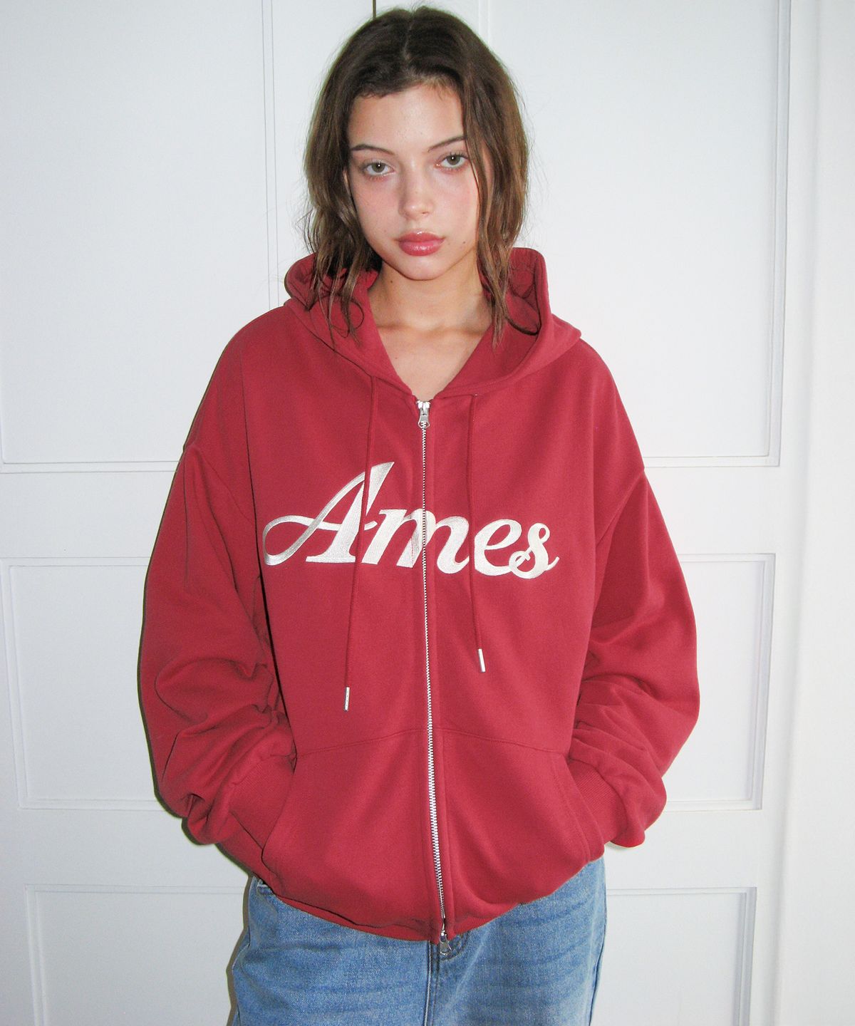 아메스 월드와이드(AMES-WORLDWIDE) STANDARD LOGO HOODIE ZIP-UP RED