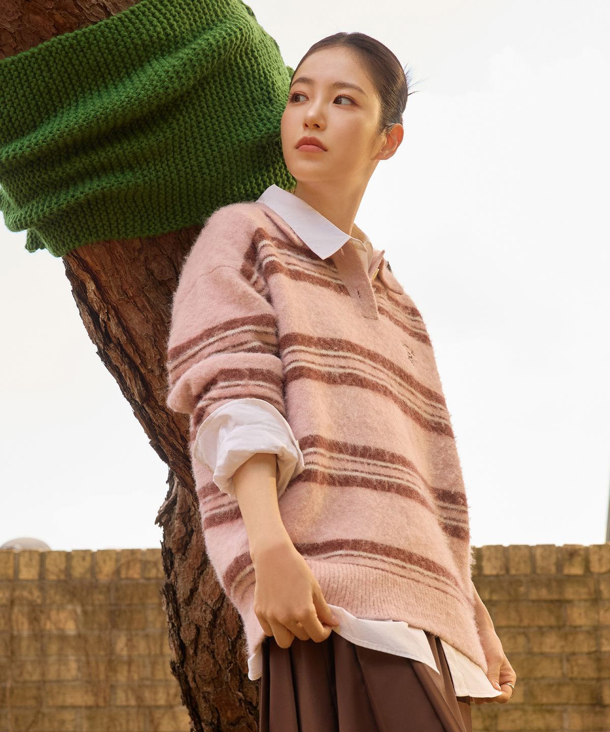 세터(SATUR) 헤어리 스트라이프 폴로 니트 핑크