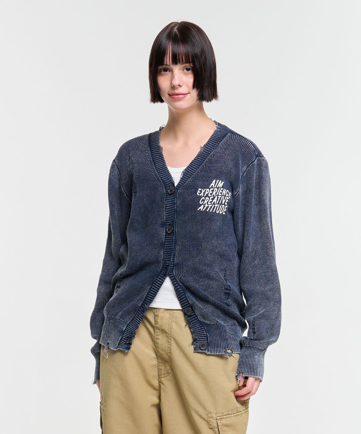 에이카화이트(AECA) WASHED DESTROYED CARDIGAN-NAVY