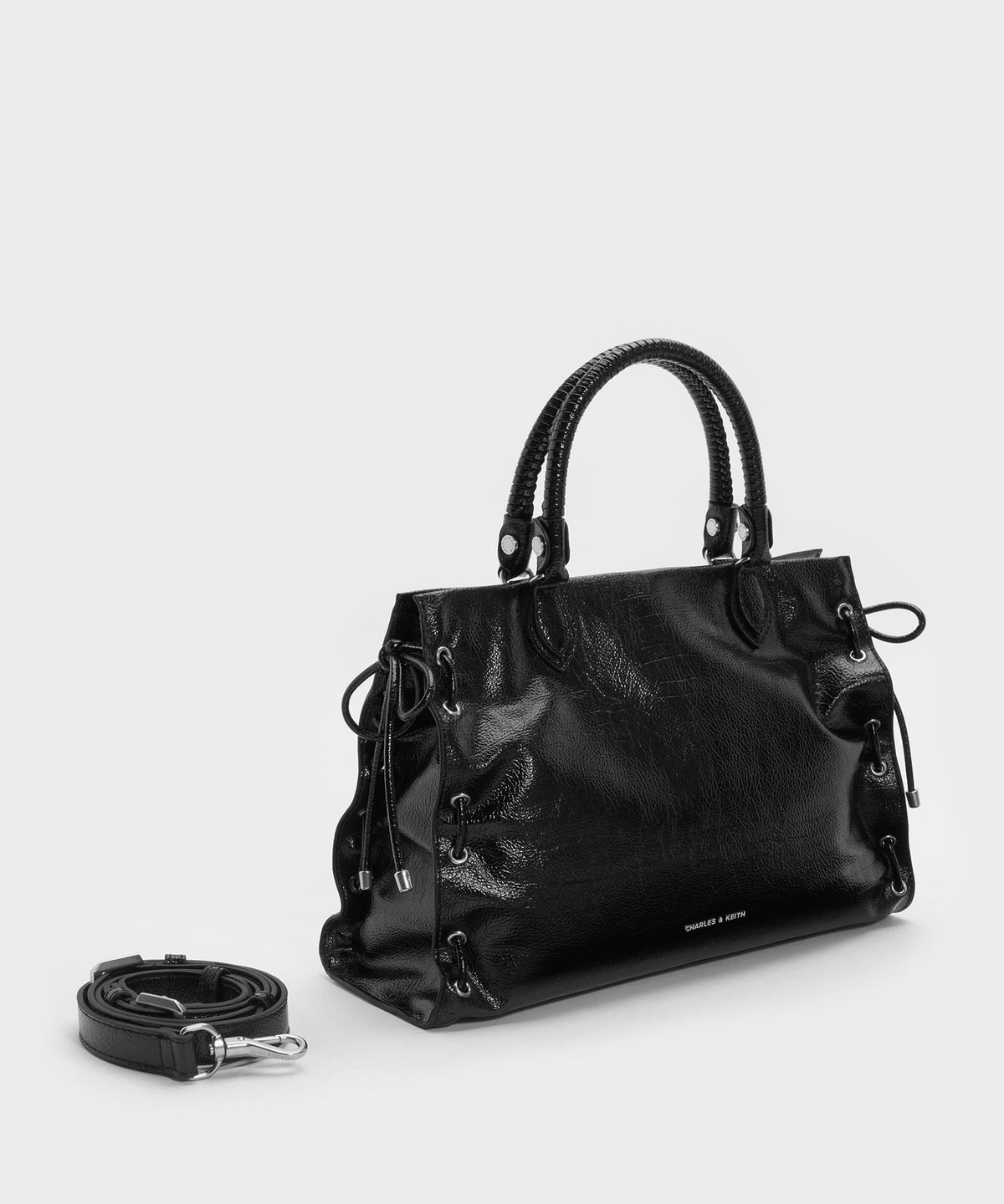 찰스앤키스(CHARLES & KEITH) 라지 나일라 그로밋 레이스업 토트백 느와르 CK2-30782917