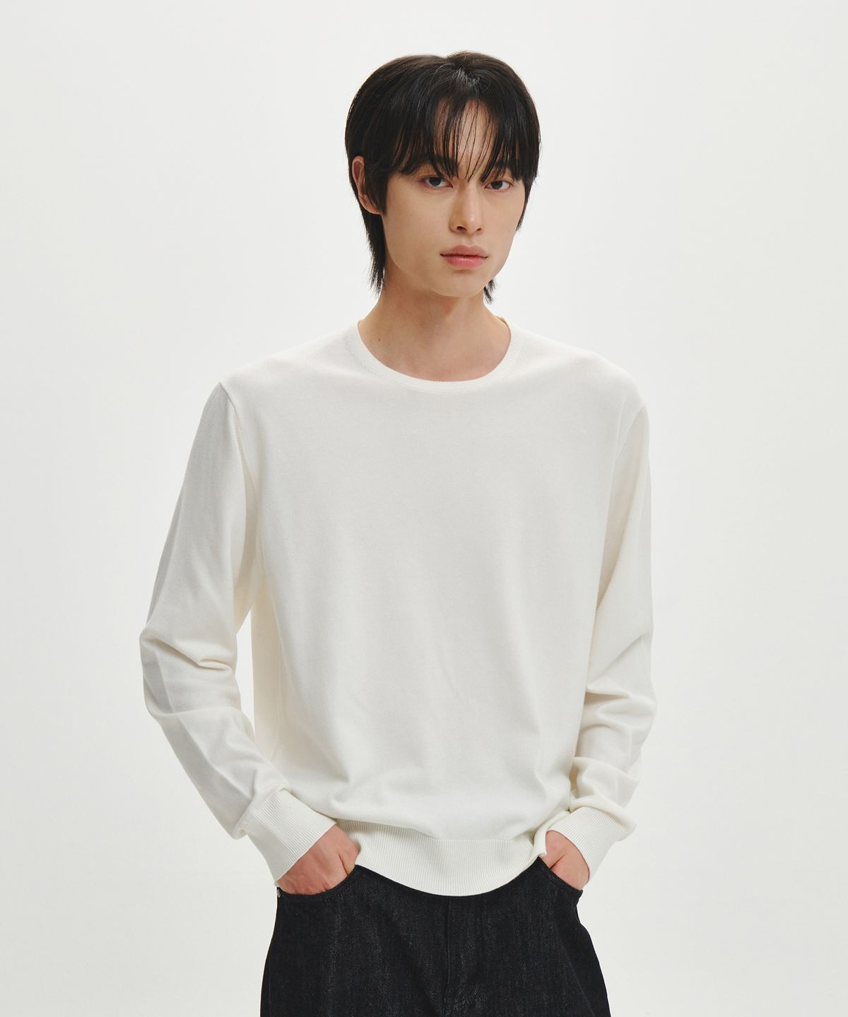 이코르(ECORR) 워셔블 울실크 베이직 라운드 니트_아이보리