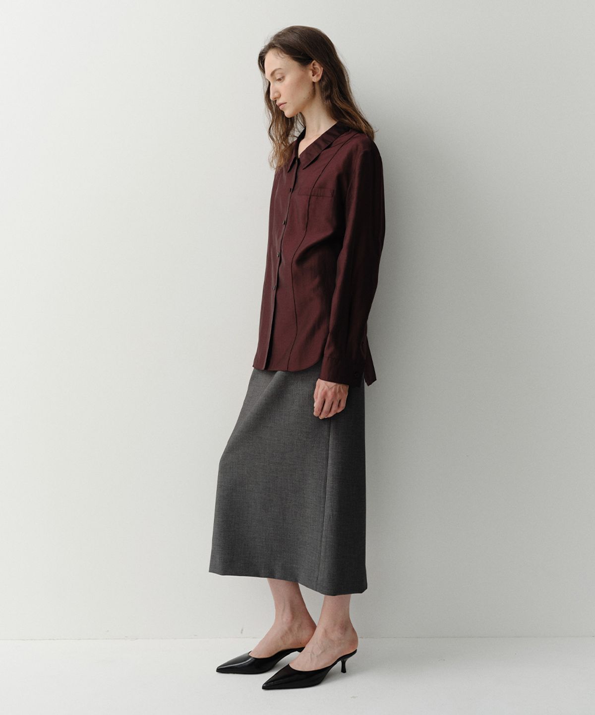 이아(EAAH) KYLA SHEER LINE SHIRT (BURGUNDY)