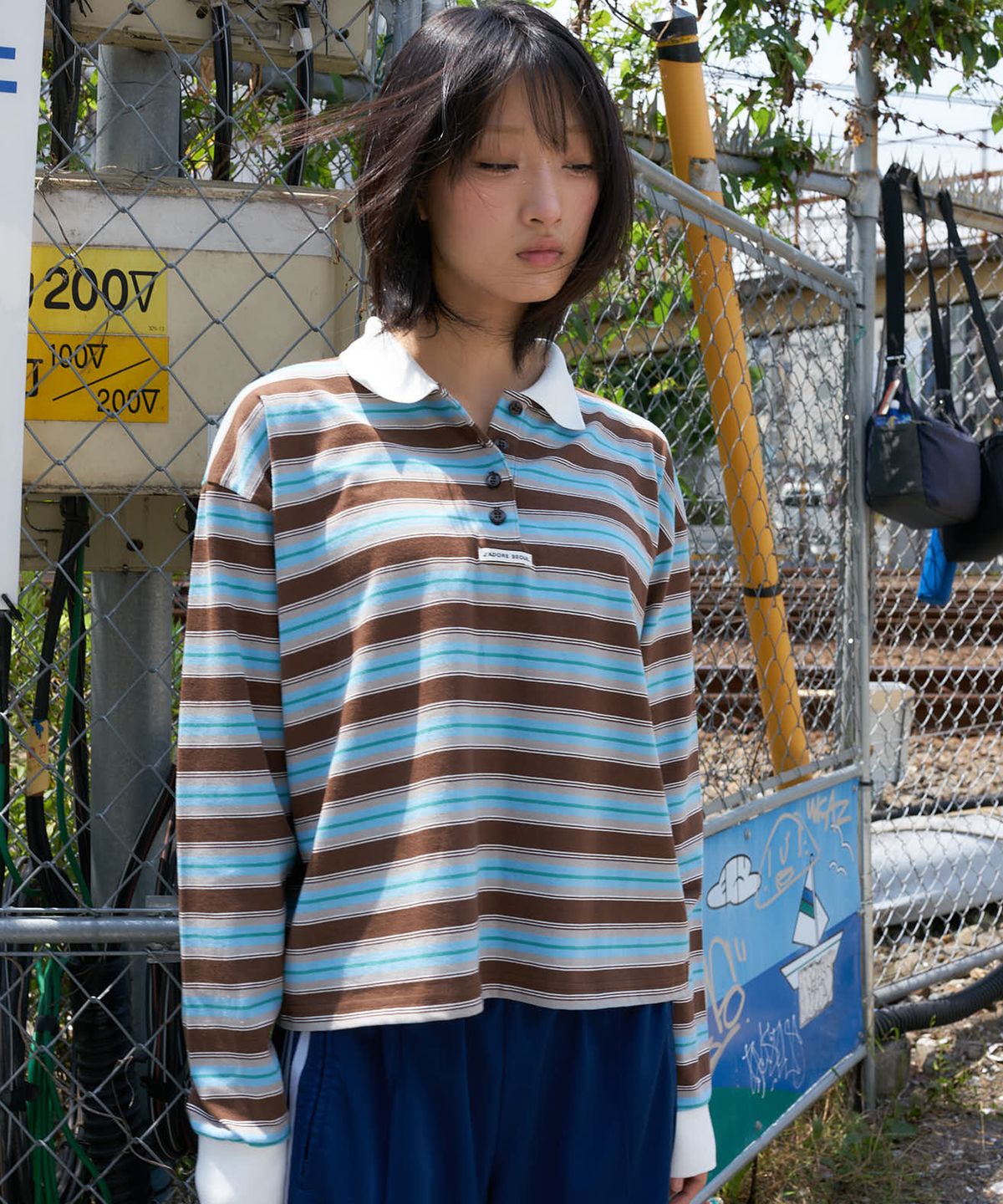라티젠(LARTIGENT) L27 STRIPE COLLAR LONG SLEEVE T-SHIRT(MINT BROWN)
