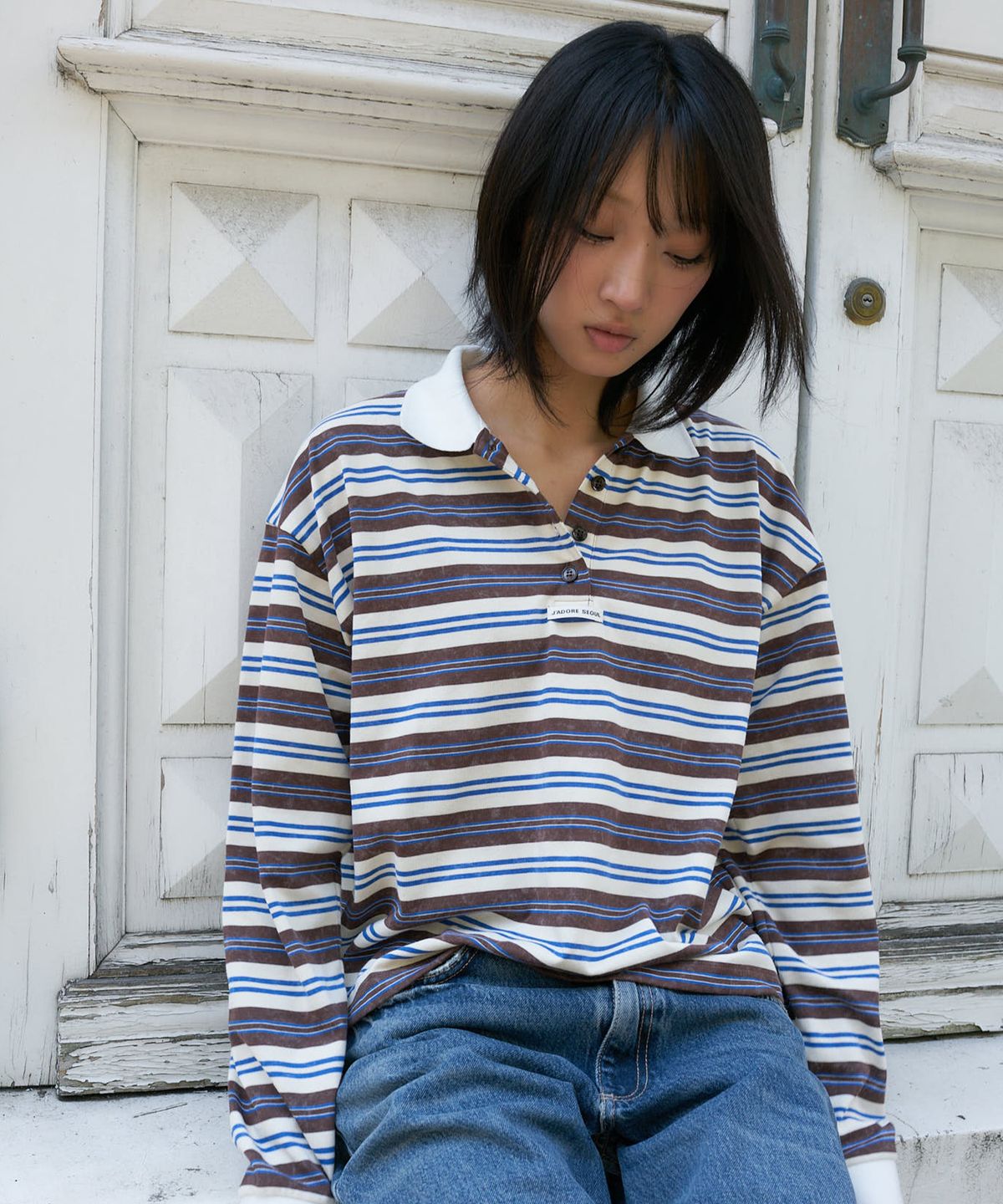 라티젠(LARTIGENT) L27 STRIPE COLLAR LONG SLEEVE T-SHIRT(BLUE BROWN)