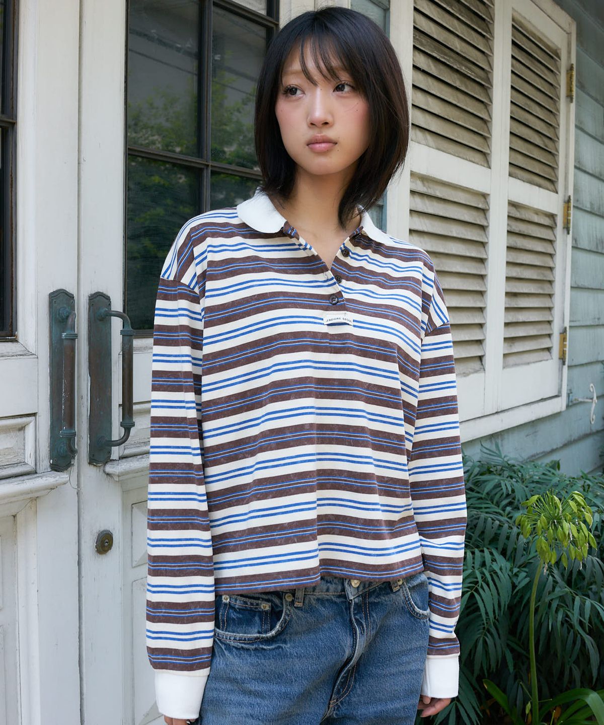 라티젠(LARTIGENT) L27 STRIPE COLLAR LONG SLEEVE T-SHIRT(BLUE BROWN)