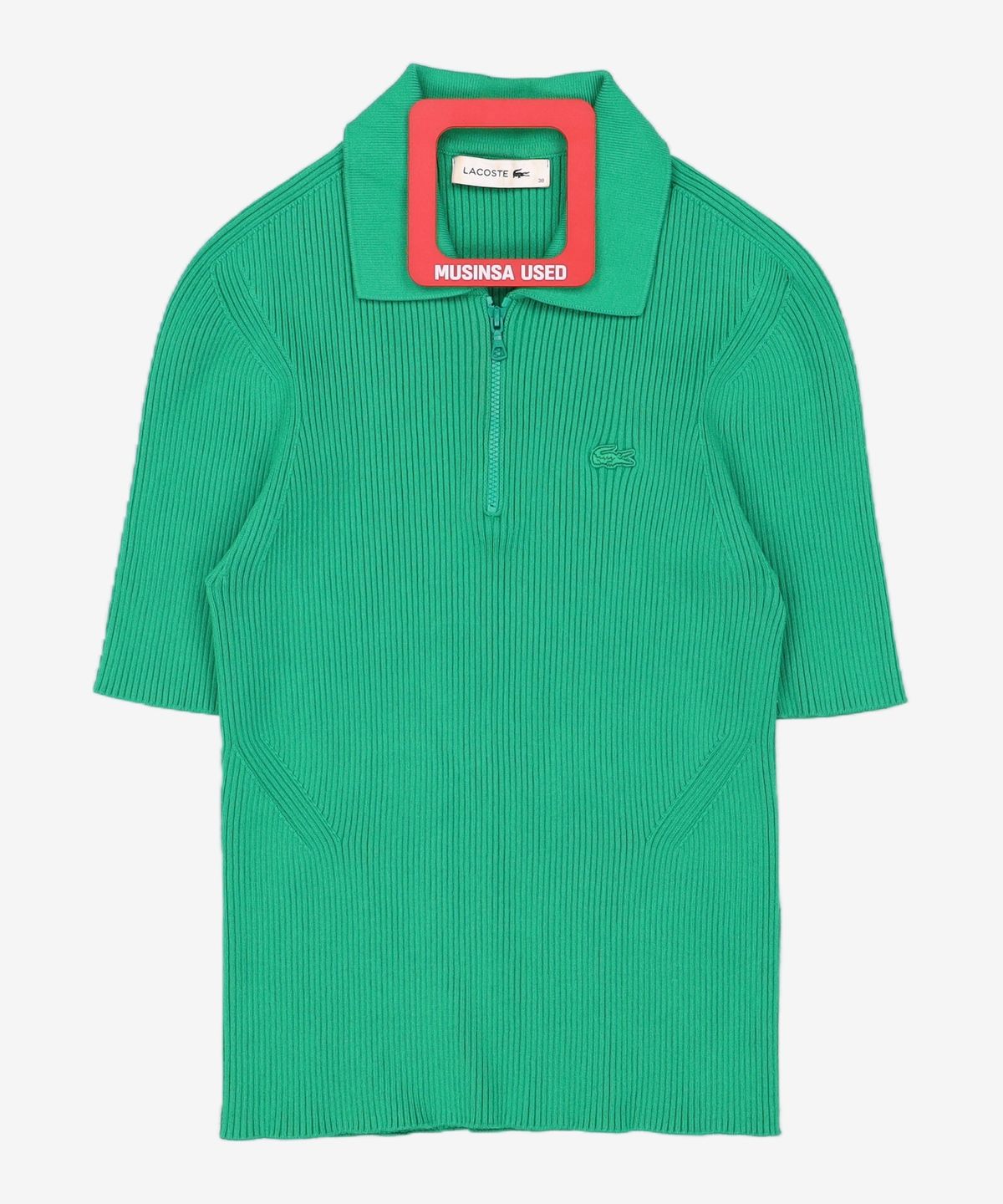 라코스테(LACOSTE) 여성 립조직 심리스 하프 짚업 반팔 폴로 스웨터 [화이트] 38