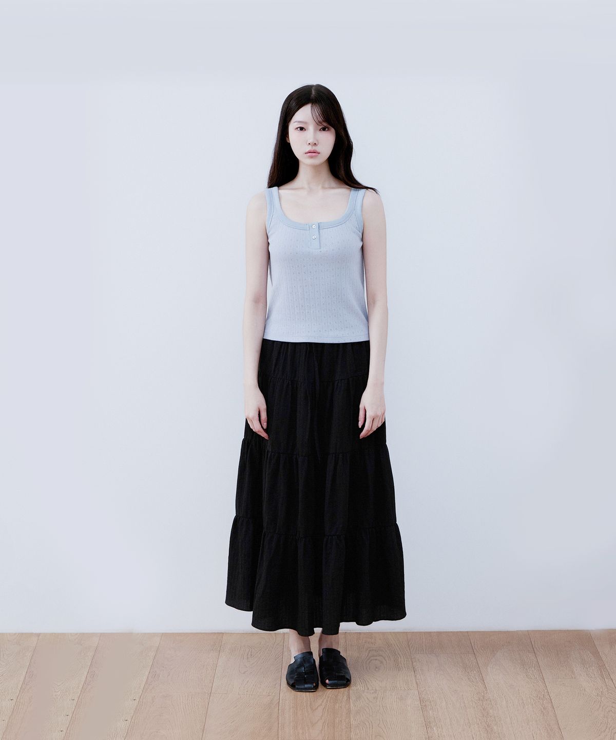 샵아라(SHOP,ARA) 아라 코튼 티어드 롱스커트 캉캉치마_블랙