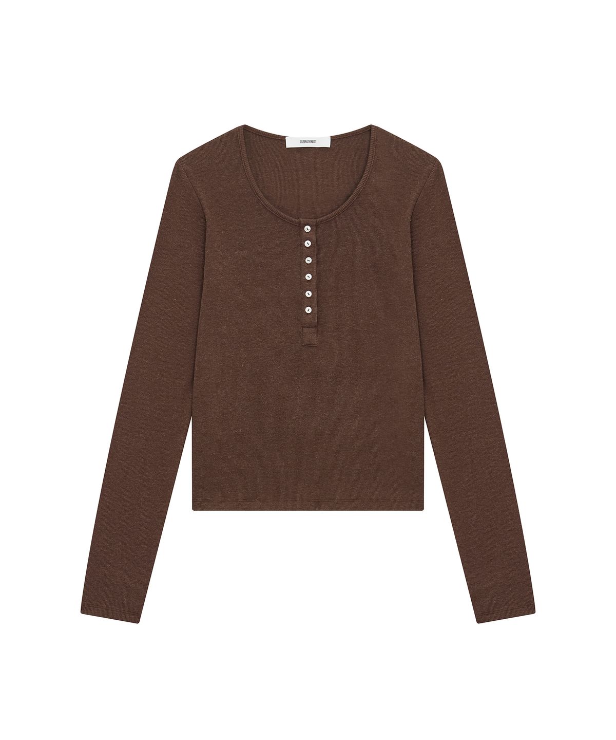 퀸스래빗(Q'SRB) F/W Fine Ribbed Button U-Neck Long Sleeve Tee