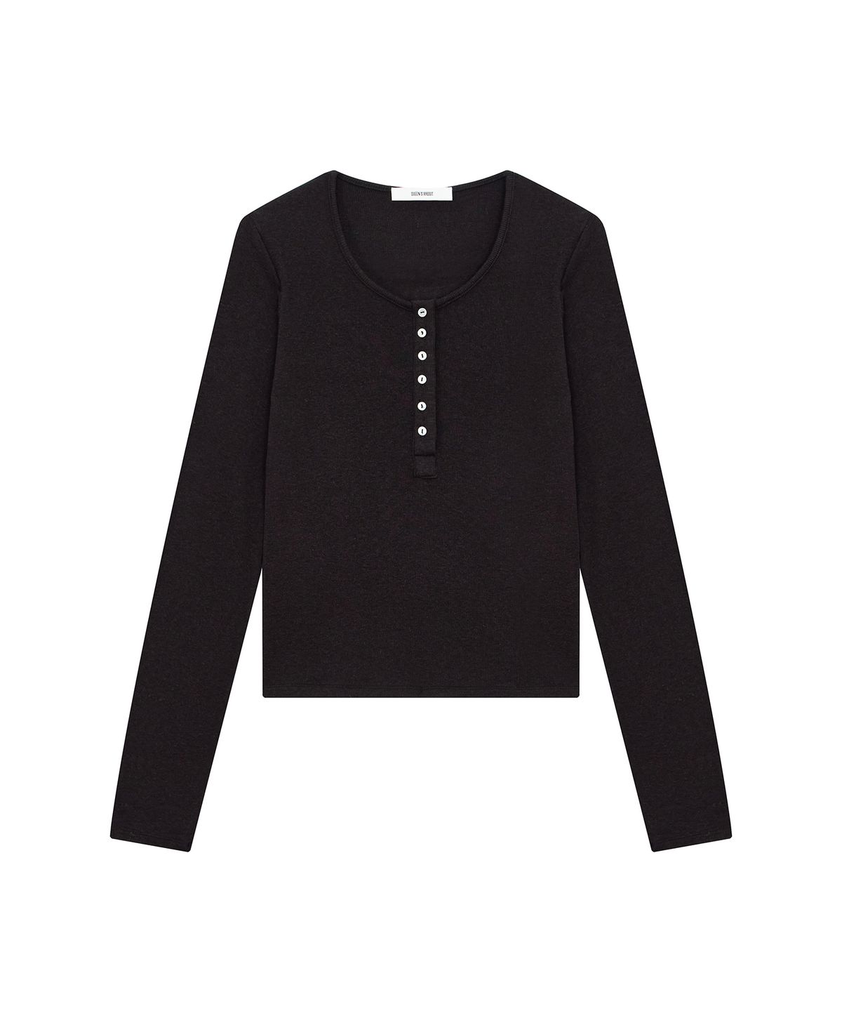 퀸스래빗(Q'SRB) F/W Fine Ribbed Button U-Neck Long Sleeve Tee