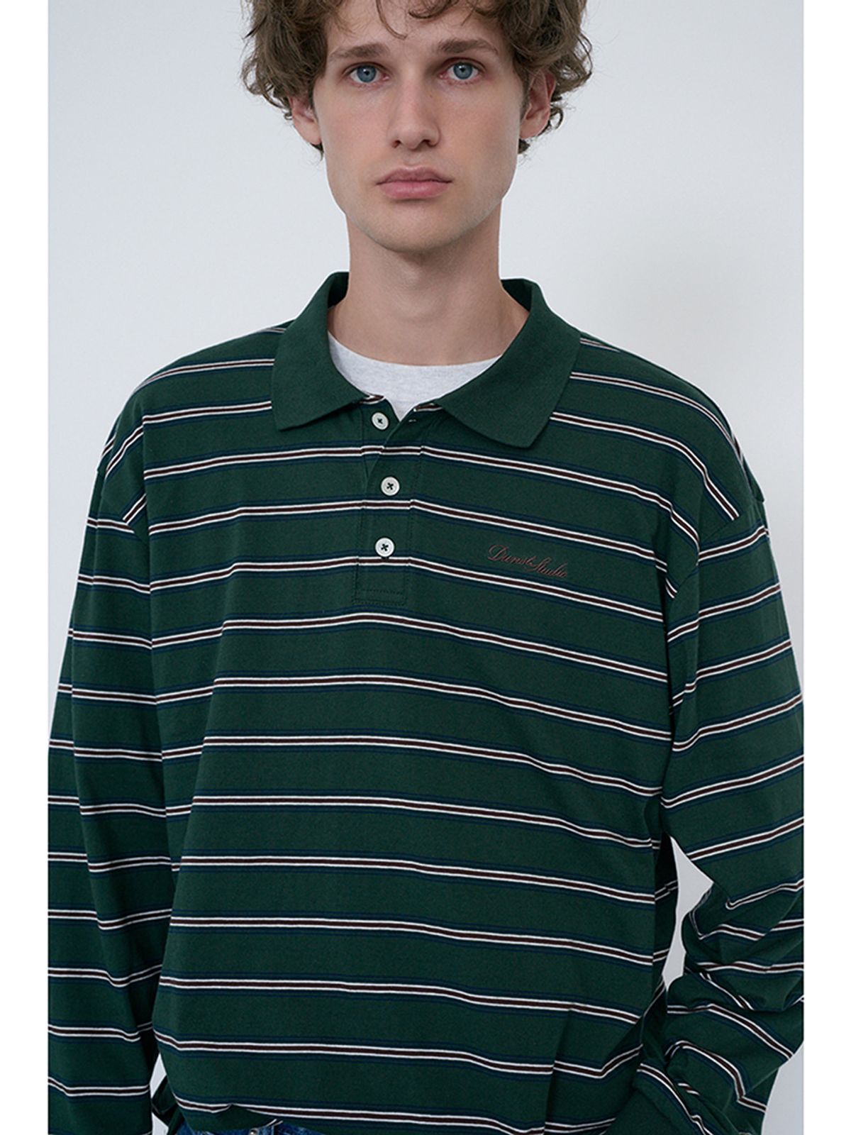 던스트 포 맨(DUNST FOR MEN) UNISEX MULTI STRIPE COLLARED T-SHIRT_UDTS6C119_FOREST GREEN STRIPE