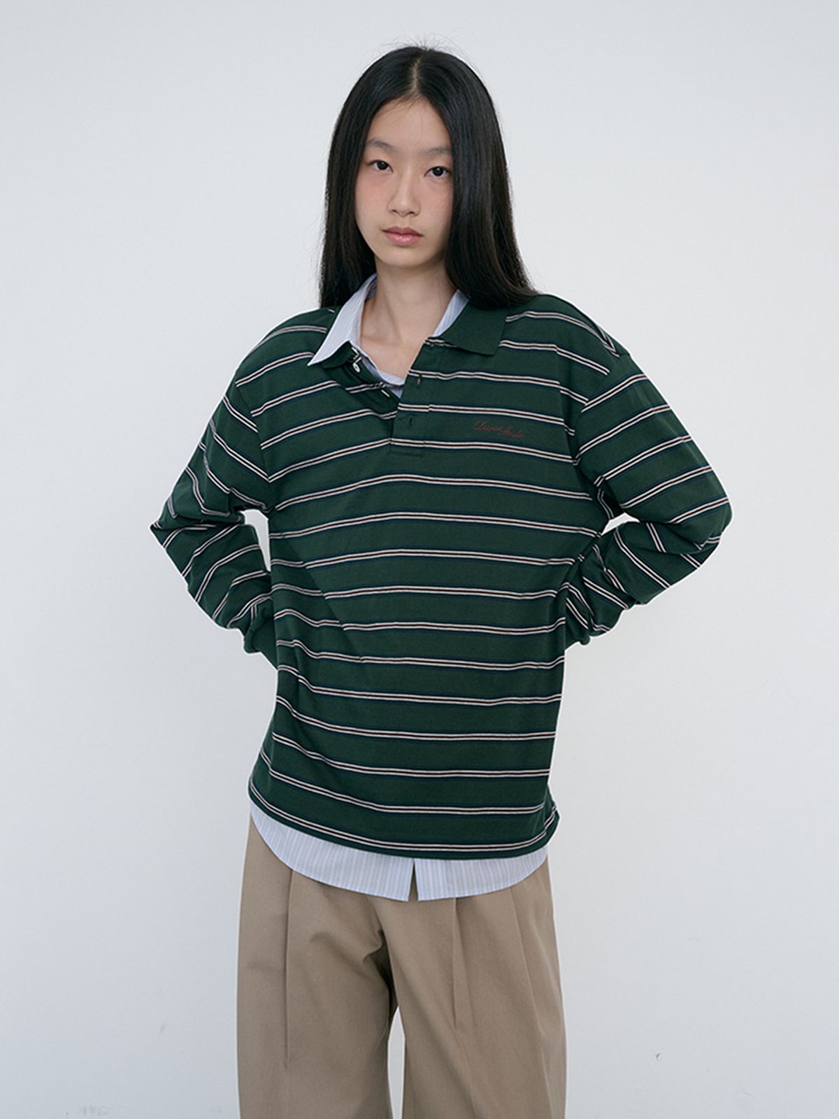 던스트(DUNST) UNISEX MULTI STRIPE COLLARED T-SHIRT_UDTS6C119_FOREST GREEN STRIPE
