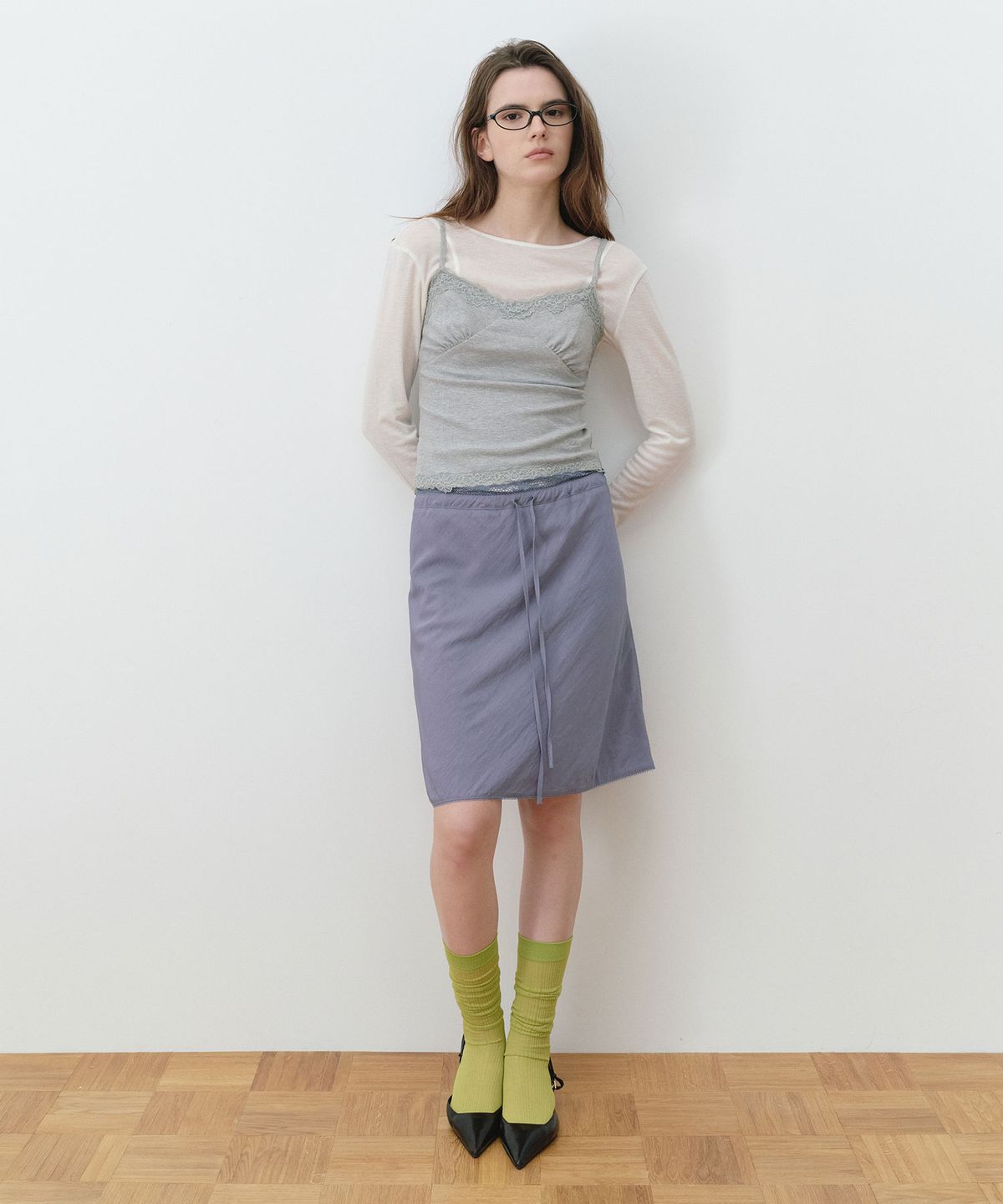 로라로라(ROLAROLA) LACE SAGGING MIDI SKIRT BLUE