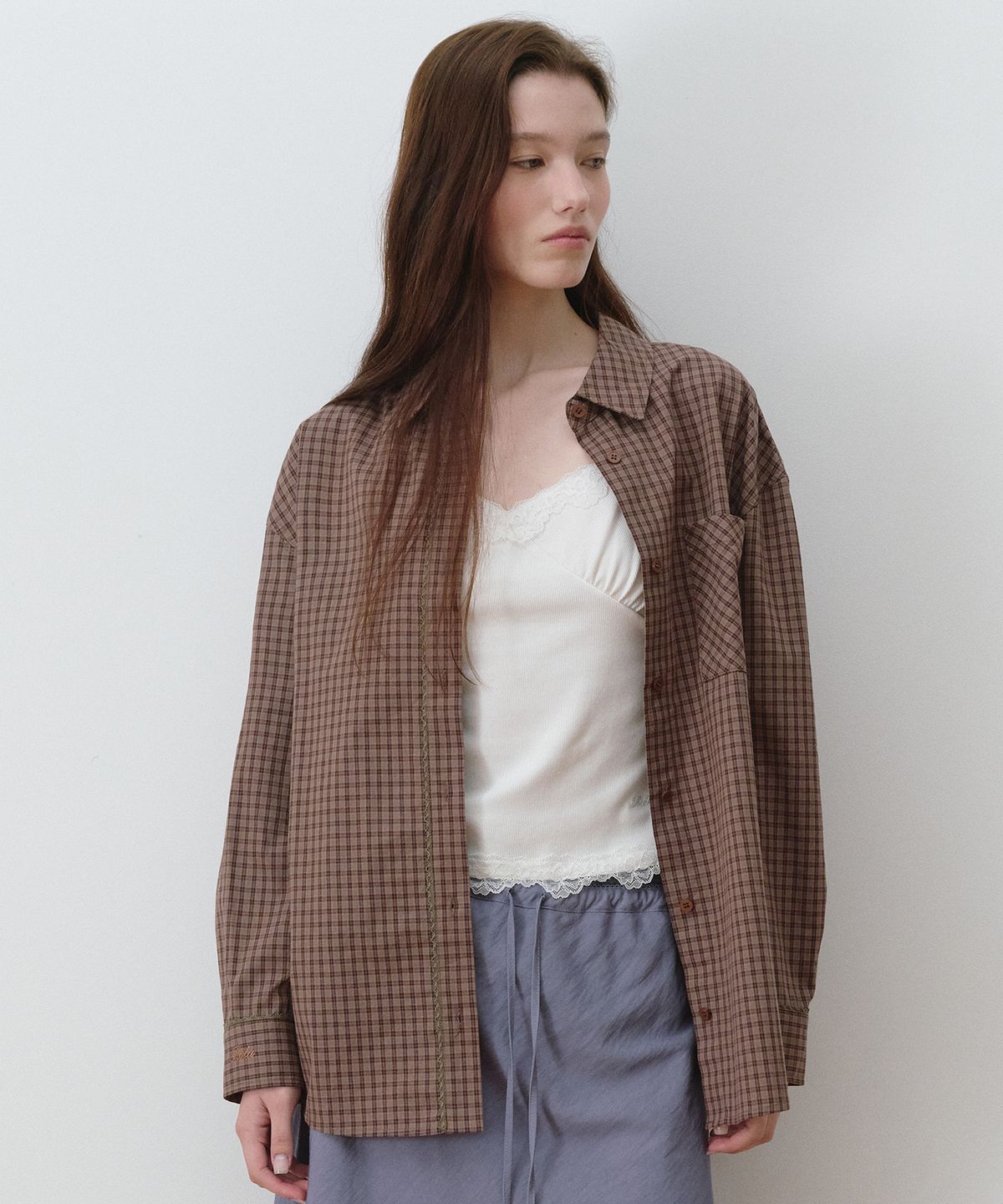 로라로라(ROLAROLA) LACE POINT LOOSE FIT CHECK SHIRT BROWN