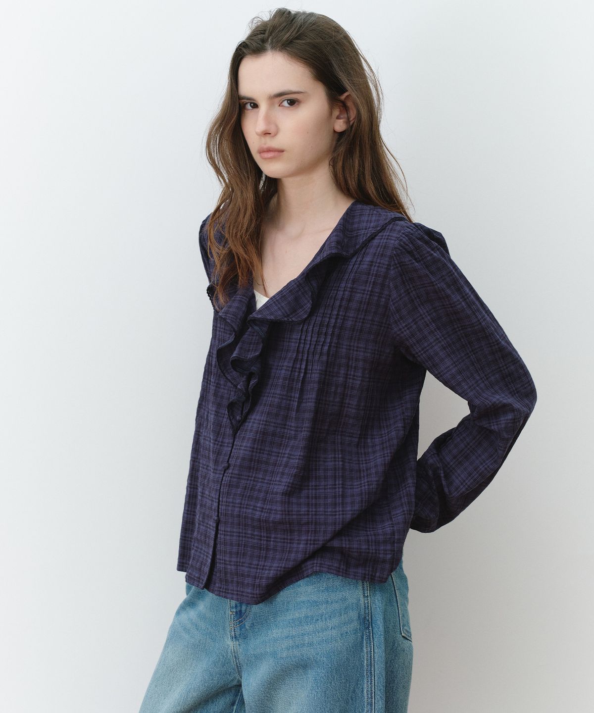 로라로라(ROLAROLA) FRILL PINTUCK CHECK BLOUSE DEEP NAVY