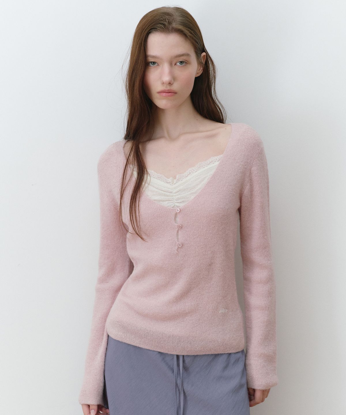 로라로라(ROLAROLA) LACE LAYERED SLIM KNIT PINK