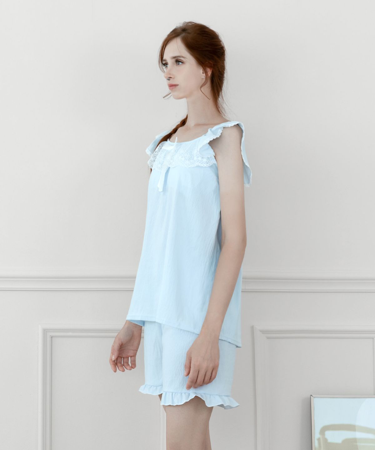 클레이스(CLACE) 캡내장 레이스 리본 민소매 잠옷세트_베어