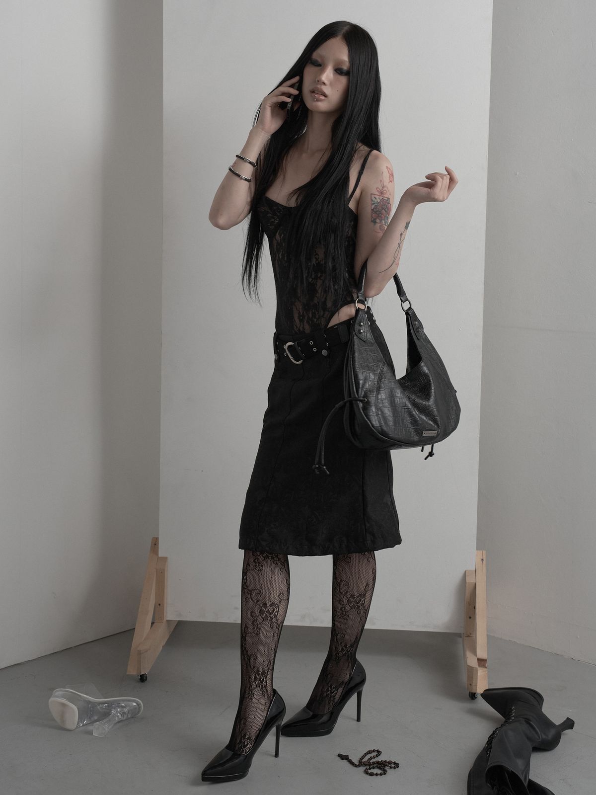 피넛루프(PEANUT LOOP) Lace Double Eyelet Webbing Belt Black