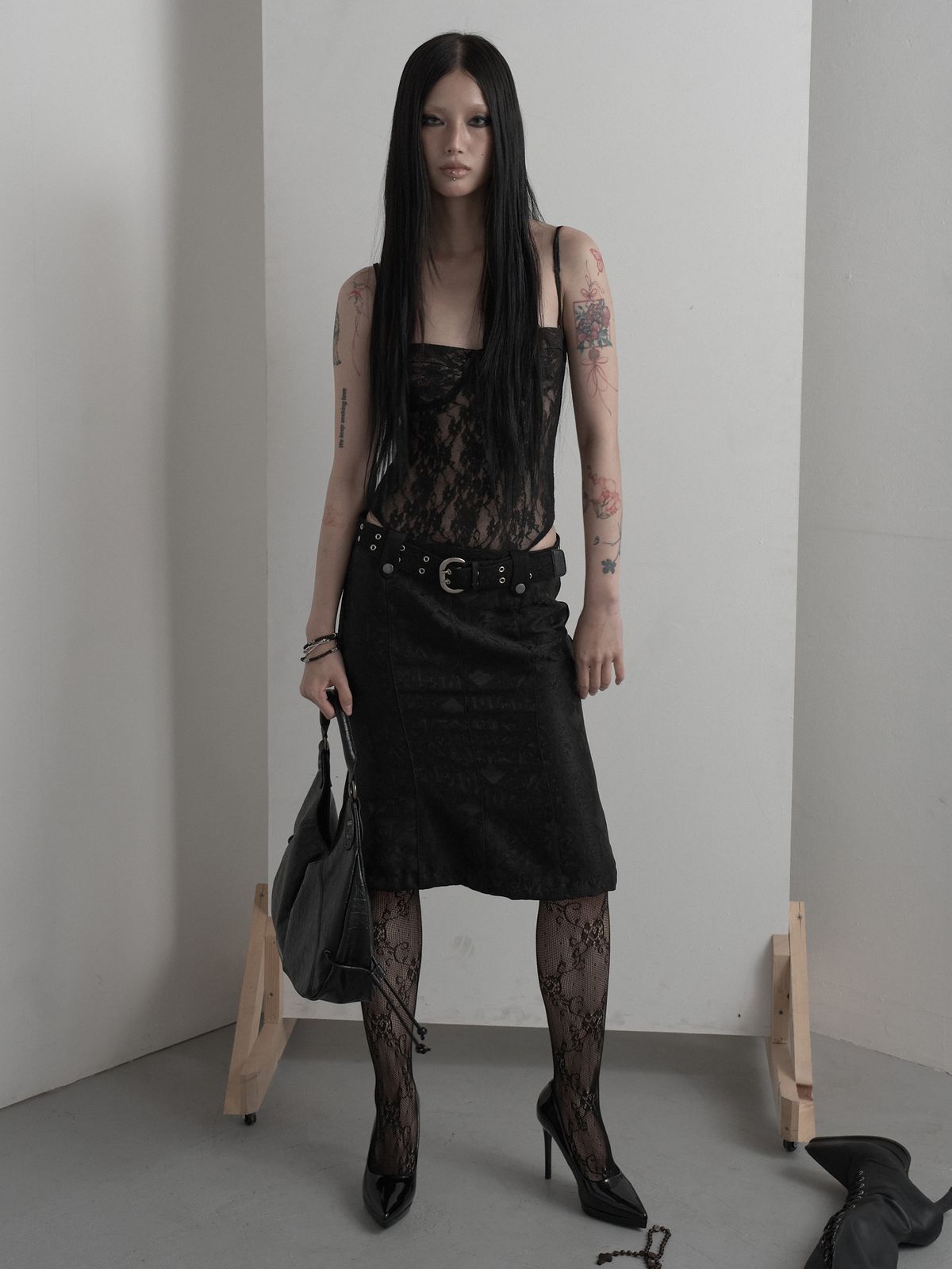 피넛루프(PEANUT LOOP) Lace Double Eyelet Webbing Belt Black