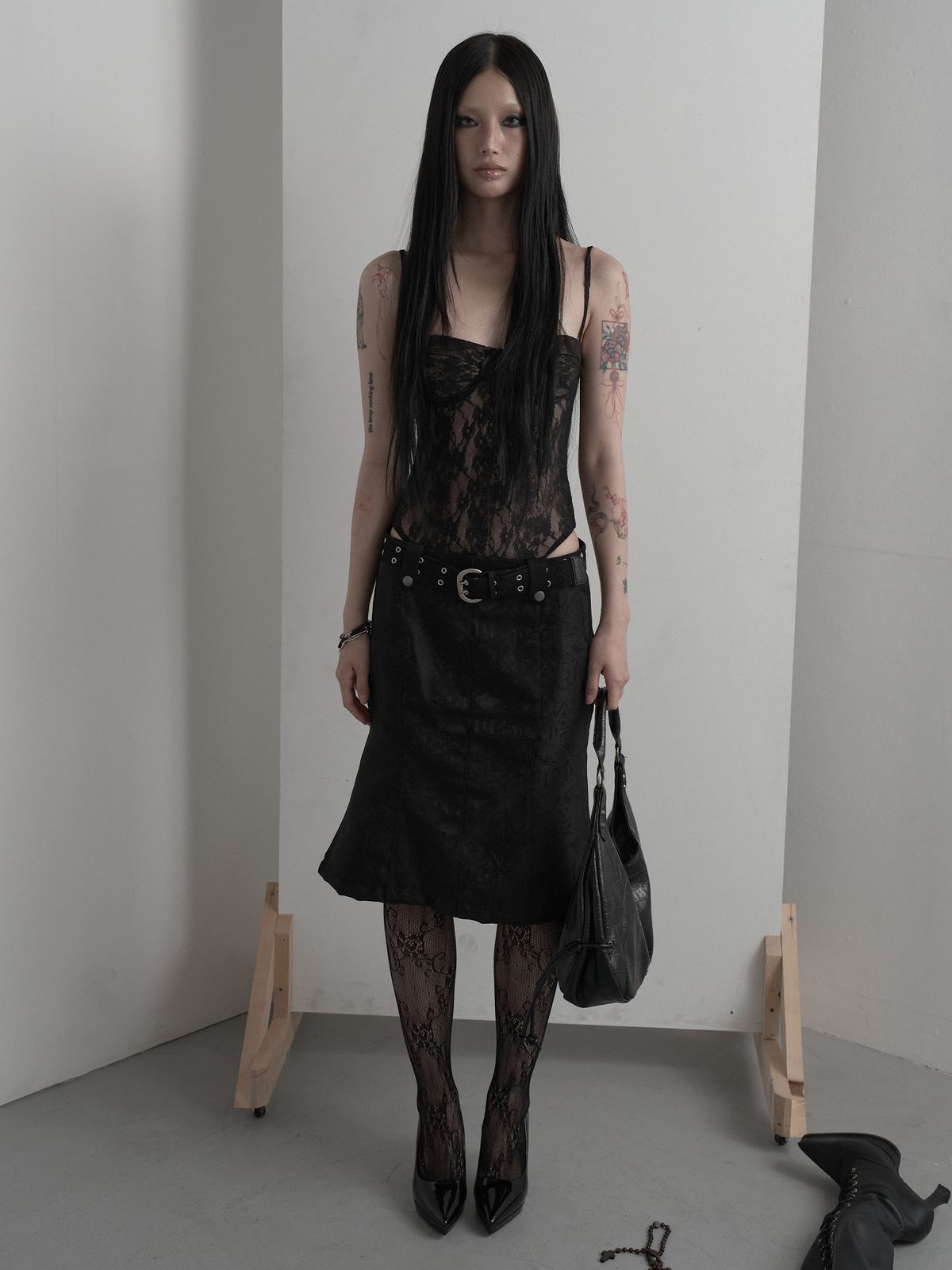 피넛루프(PEANUT LOOP) Lace Double Eyelet Webbing Belt Black