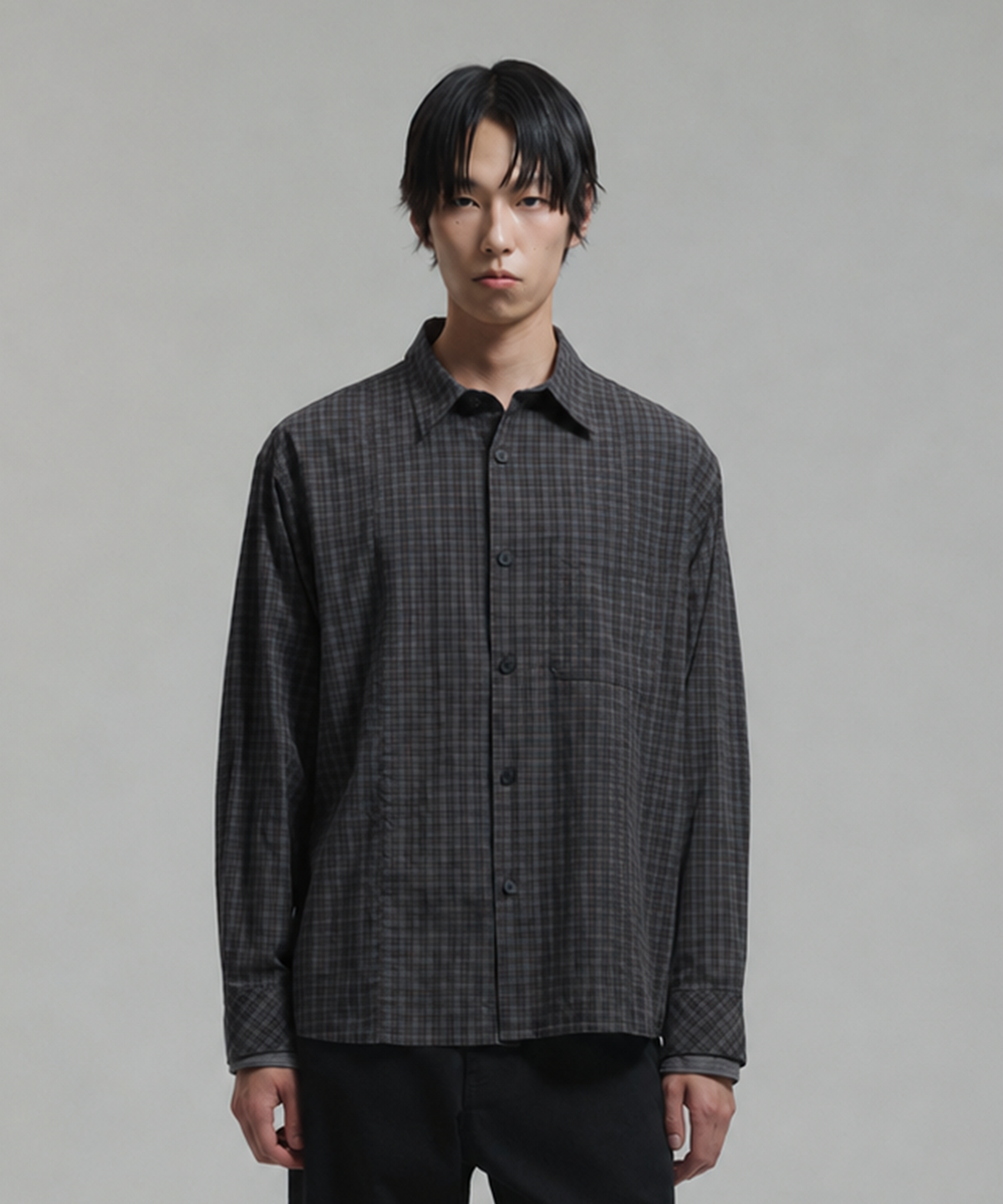 넌블랭크(NONBLANK) 일레귤러 패널 체크 LS 셔츠_DARK BLUE