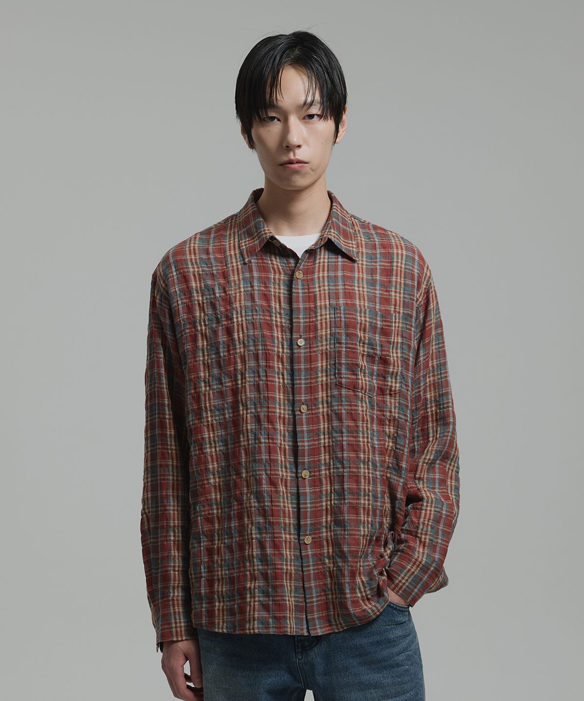 넌블랭크(NONBLANK) 범피 서페이스 체크 LS 셔츠_VINTAGE RED