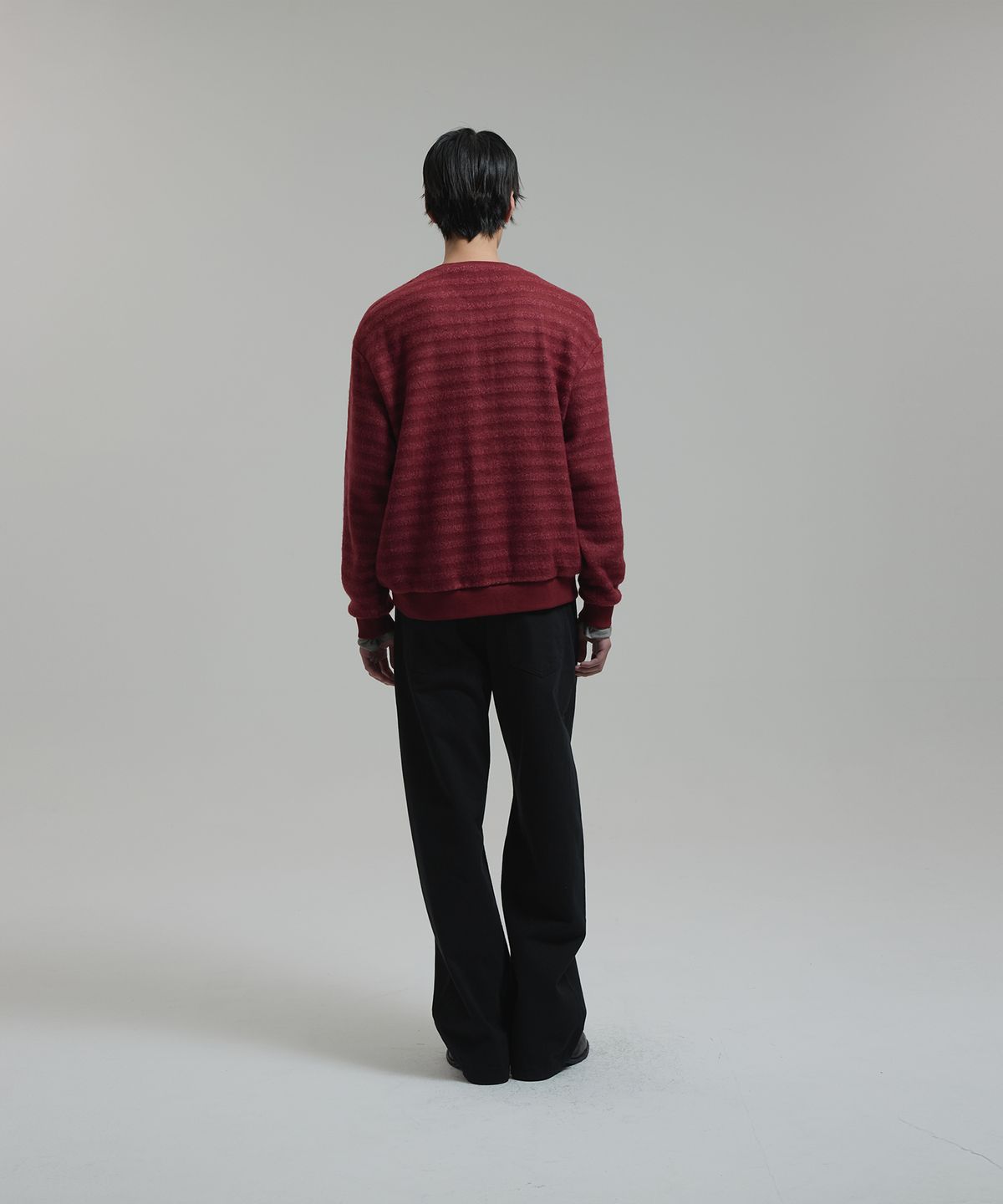 넌블랭크(NONBLANK) 헤어리 스트라이프 V넥 LS 티셔츠_RED