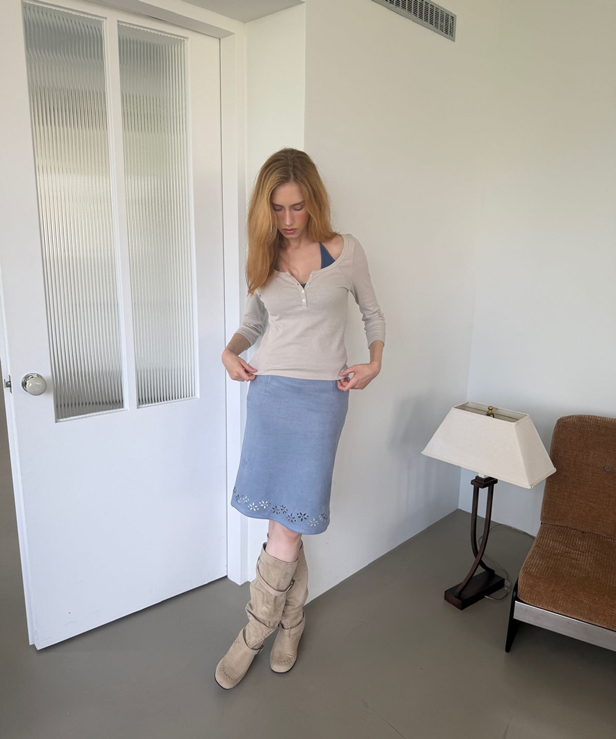 아수라(ASURA) COTTON HENLEY MID SLEEVE T (GREY BEIGE)