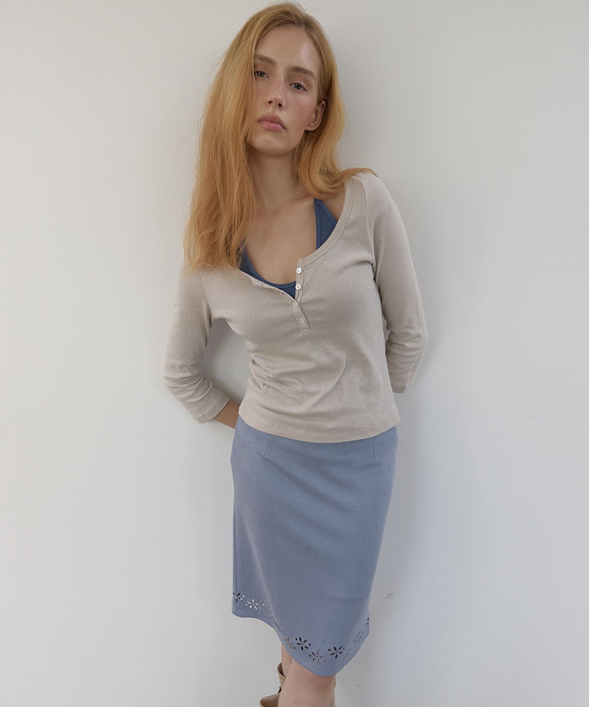 아수라(ASURA) COTTON HENLEY MID SLEEVE T (GREY BEIGE)