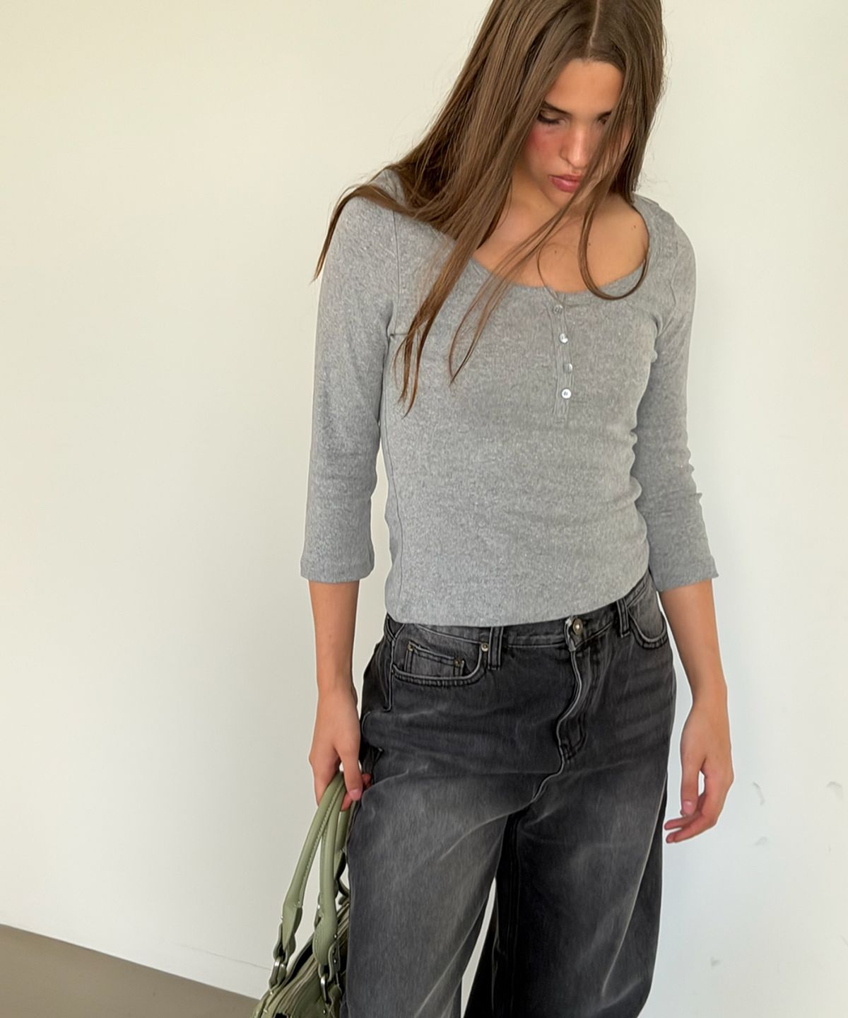 아수라(ASURA) COTTON HENLEY MID SLEEVE T (MELANGE GREY)