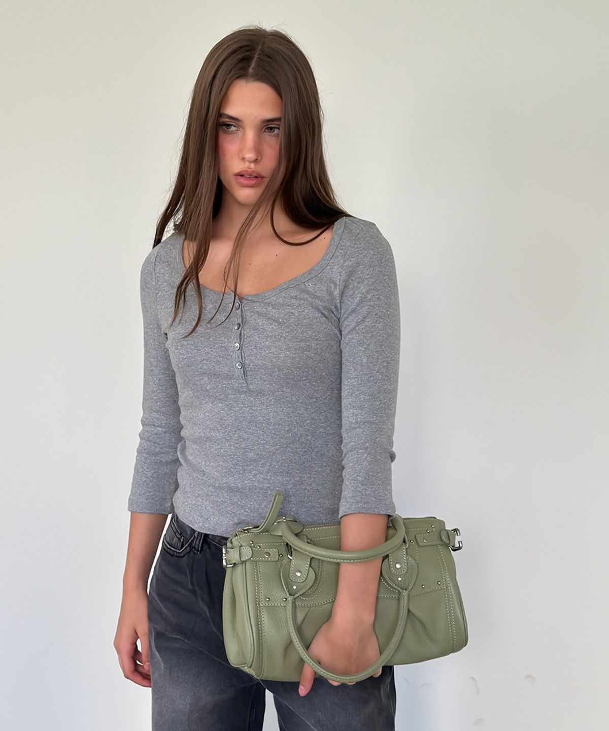 아수라(ASURA) COTTON HENLEY MID SLEEVE T (MELANGE GREY)