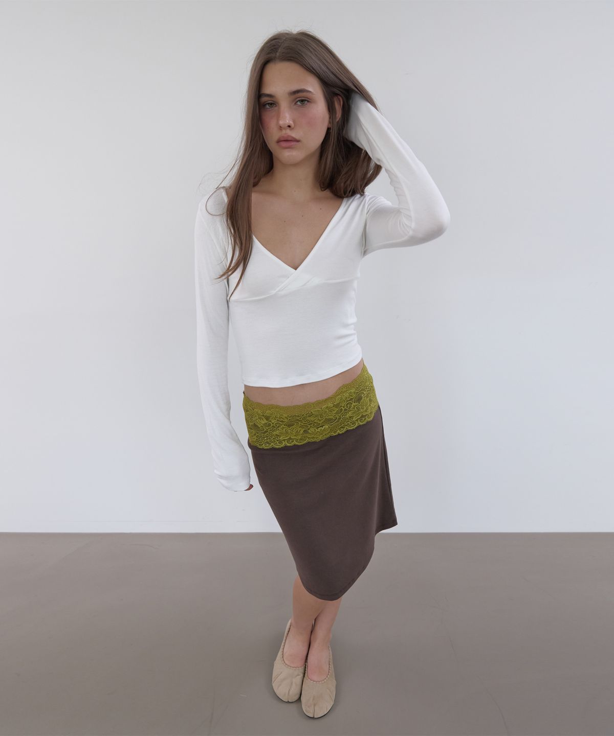 아수라(ASURA) LACE WAIST SKIRT (OLIVE+BROWN)