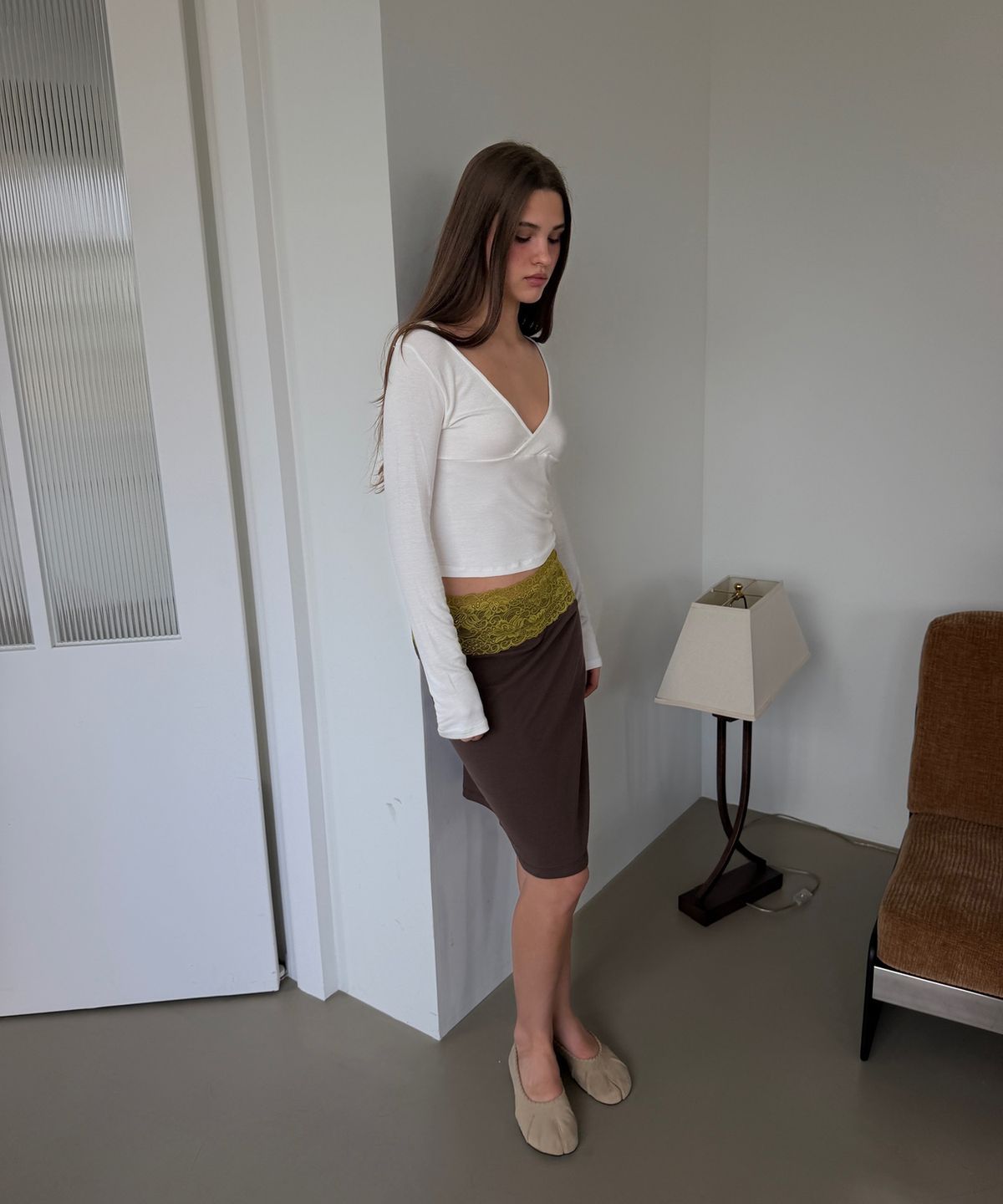 아수라(ASURA) LACE WAIST SKIRT (OLIVE+BROWN)