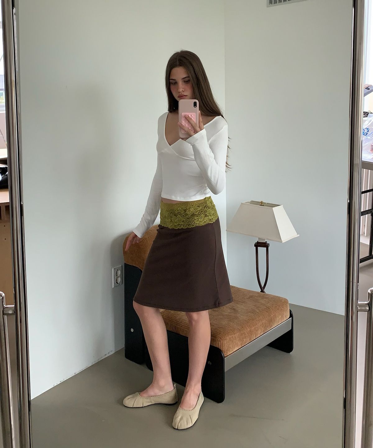 아수라(ASURA) LACE WAIST SKIRT (OLIVE+BROWN)