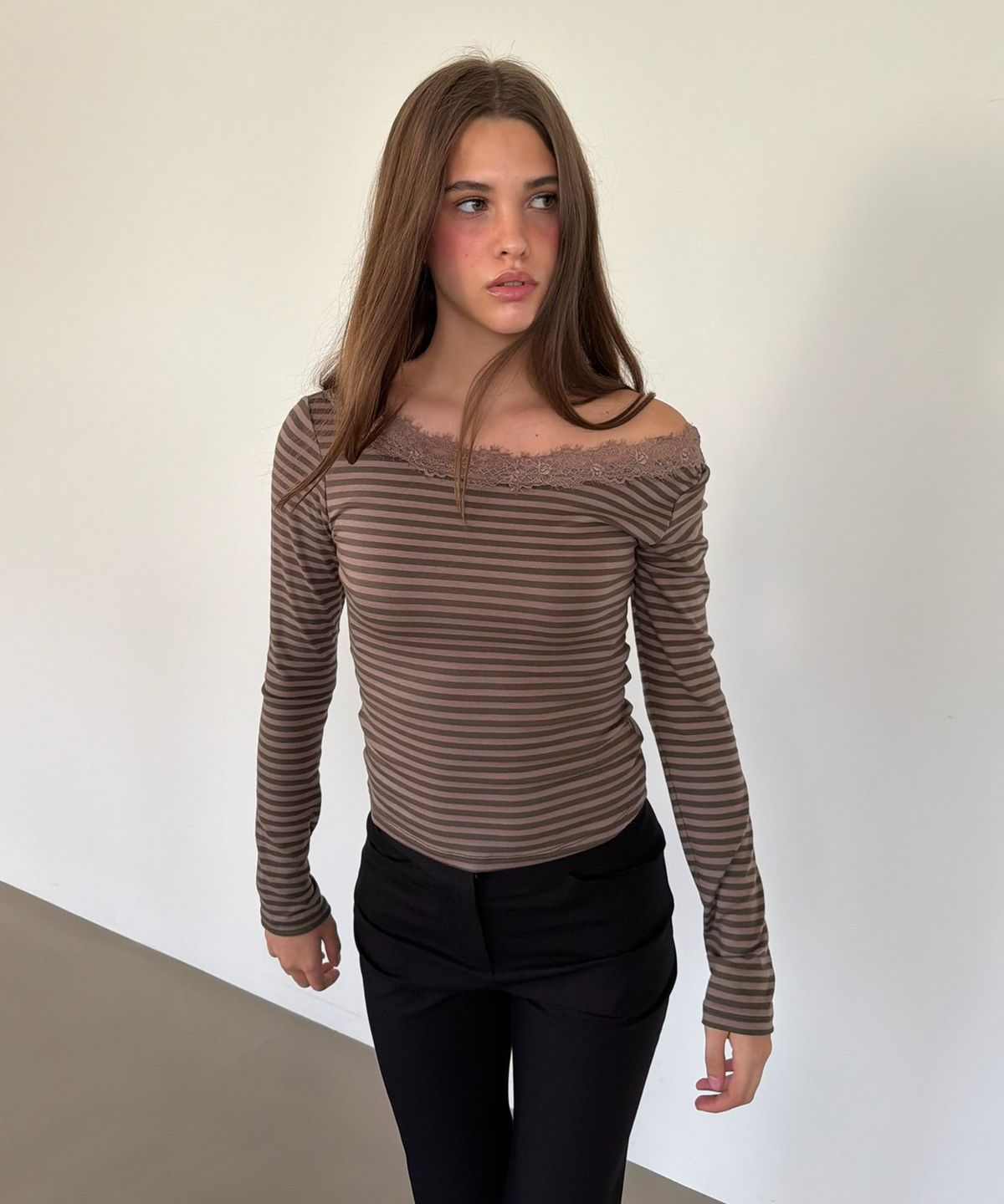 아수라(ASURA) NECK LACE LONG SLEEVE T (KHAKI+BROWN STRIPE)