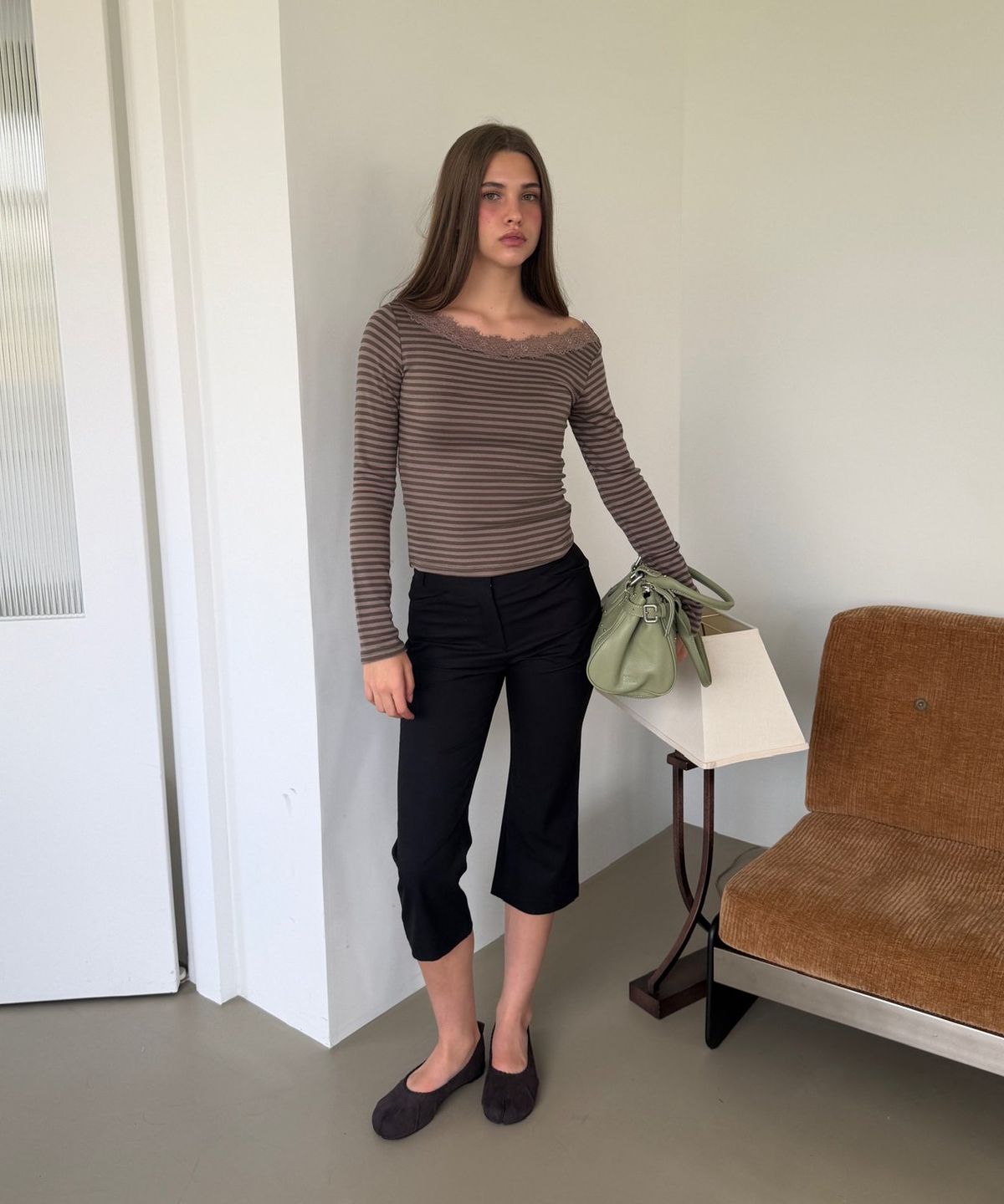 아수라(ASURA) NECK LACE LONG SLEEVE T (KHAKI+BROWN STRIPE)