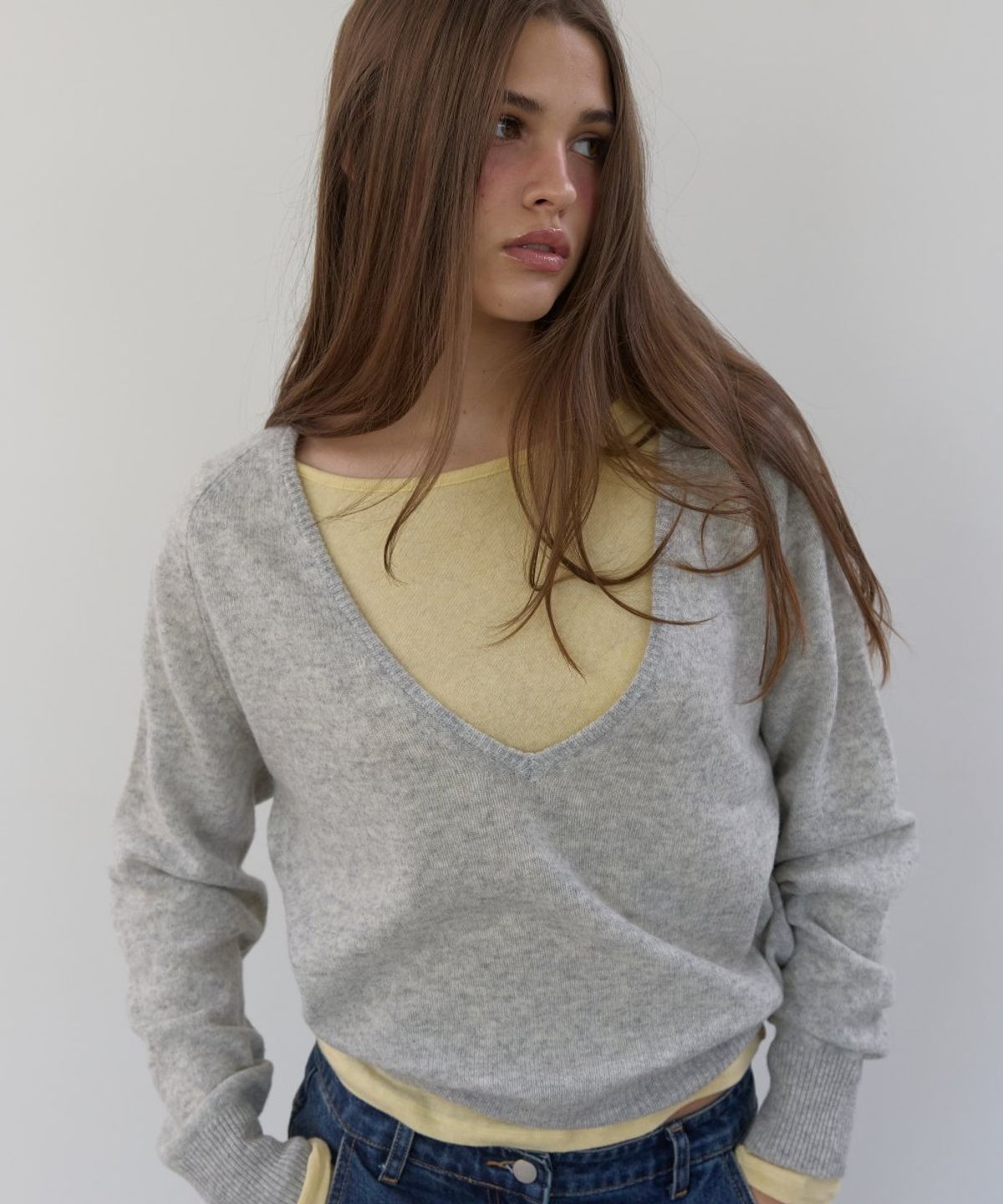 아수라(ASURA) PURE WOOL DEEP V KNIT (MELANGE GREY)