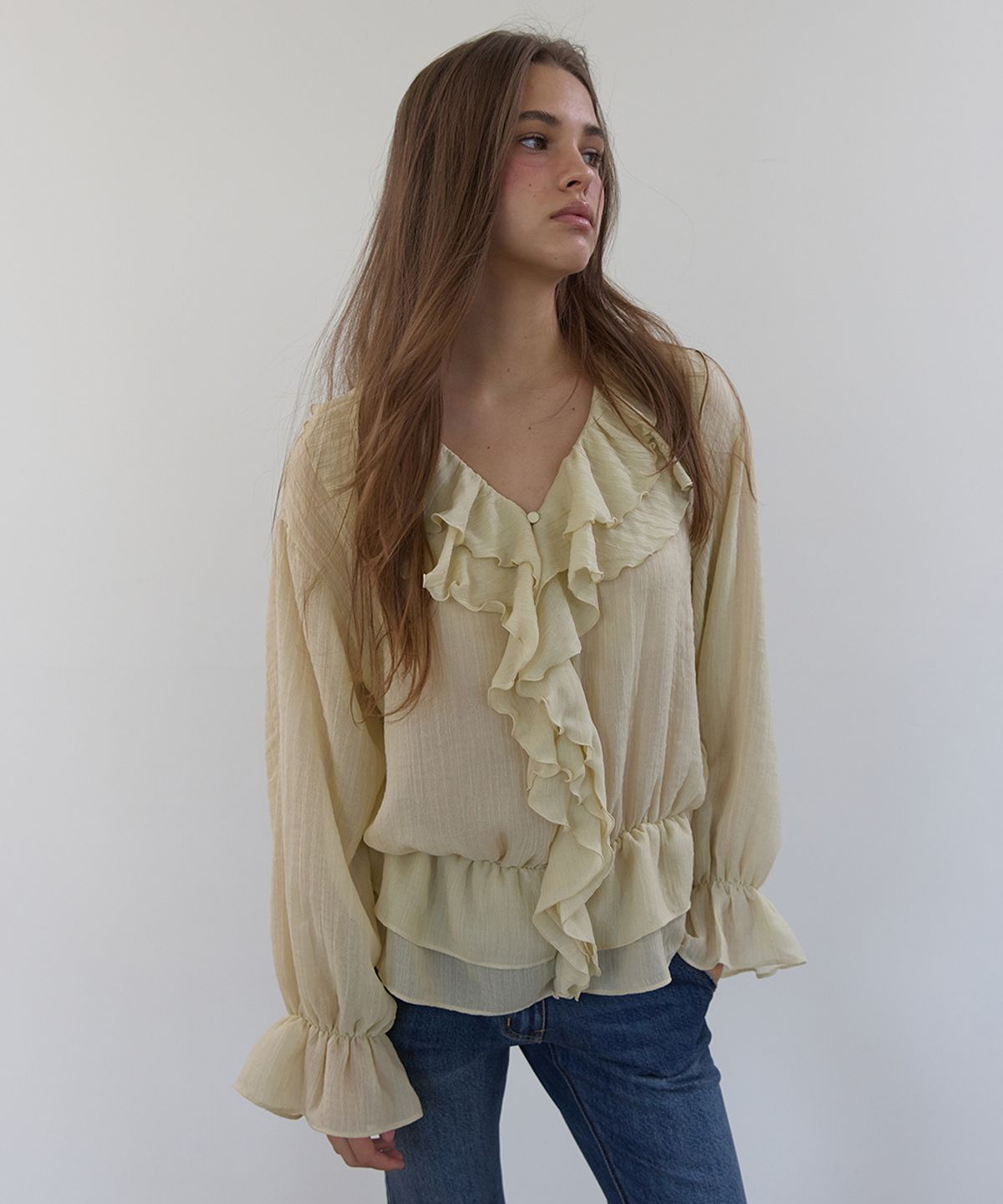 아수라(ASURA) RUFFLE CHIFFON BLOUSE (BEIGE)