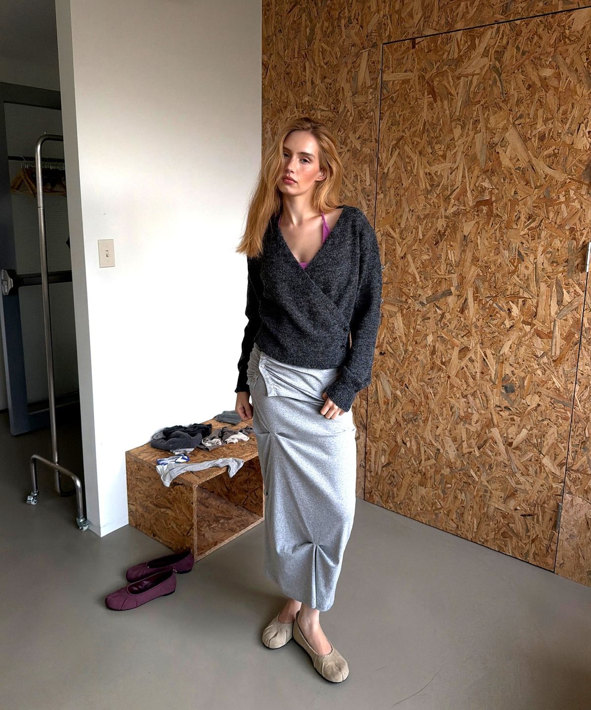 아수라(ASURA) SNAP DRAPE SKIRT (MELAGE GREY)