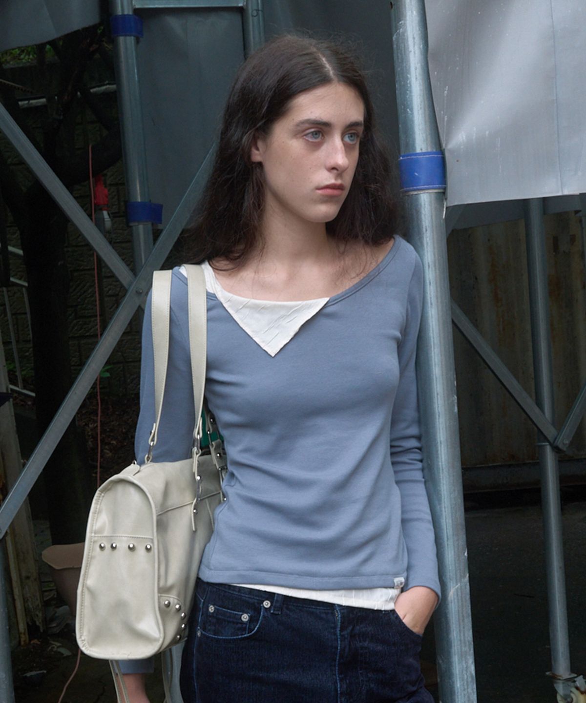 기준(KIJUN) CREASE LAYERED LONG SLEEVE TOP_DUSTY BLUE