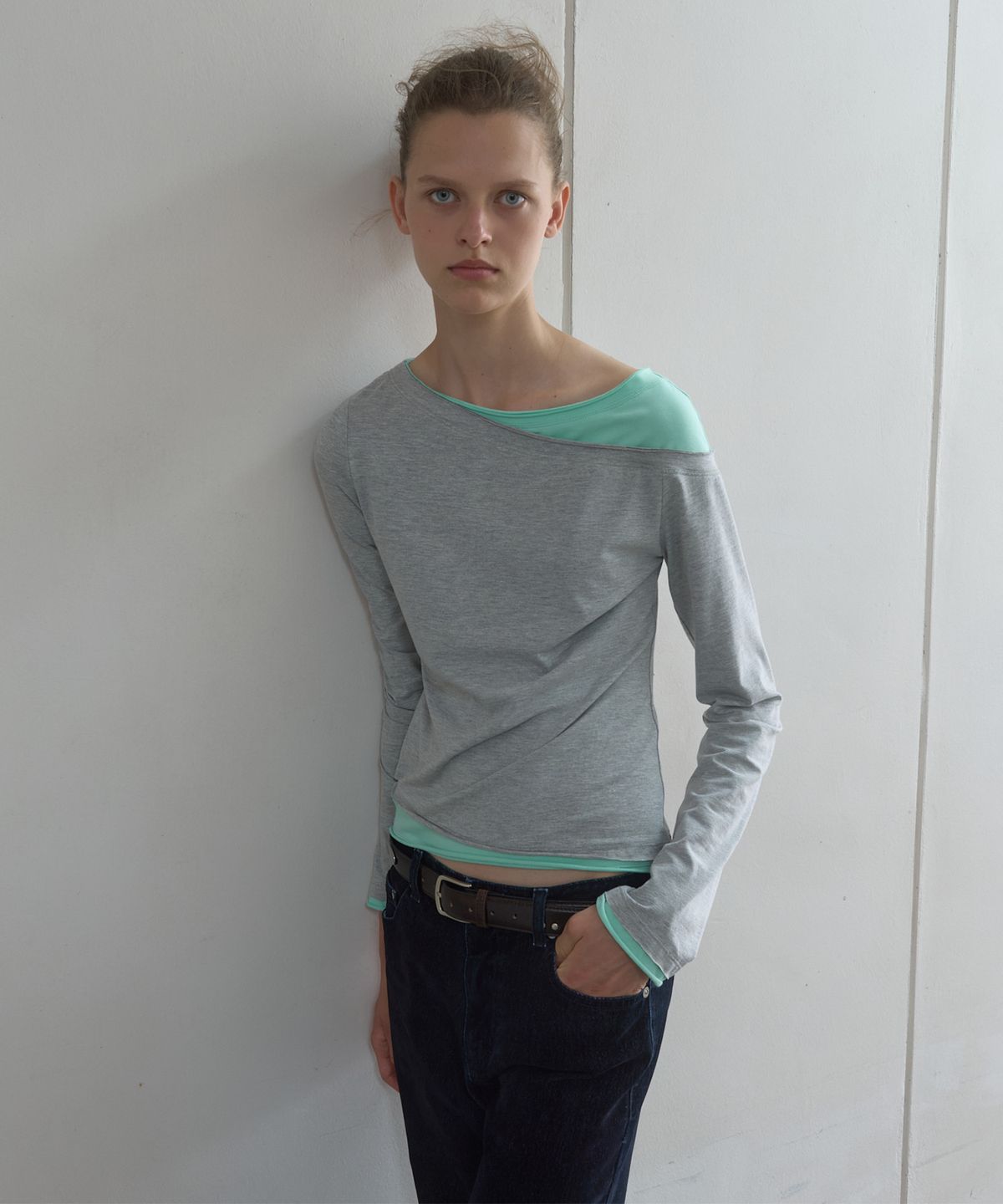 기준(KIJUN) TILTED LAYERED LONG SLEEVE TOP_MELANGE GREY