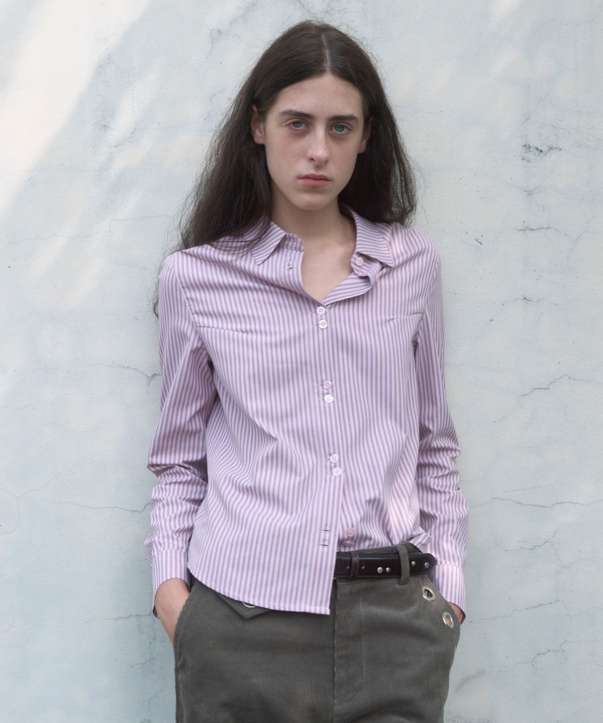기준(KIJUN) TWIN-BUTTON STRIPE SHIRT_PINK