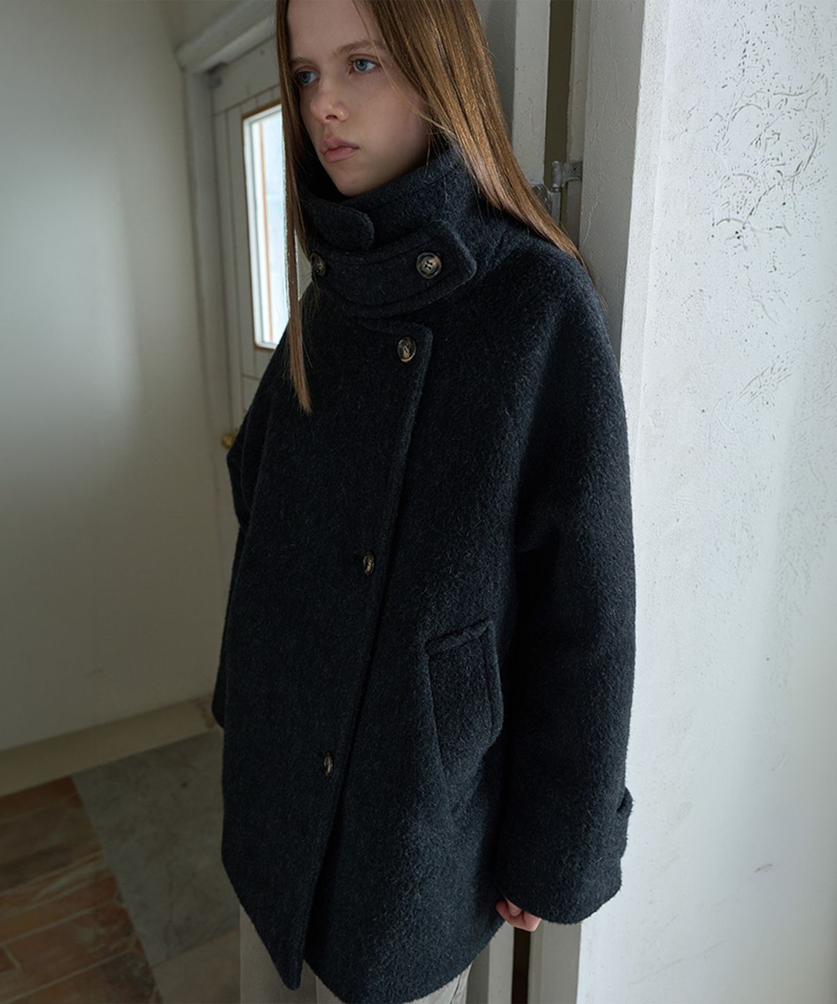 기준(KIJUN) [WOOL100%] HAIRY WOOL HALF COAT_CHARCOAL GREY