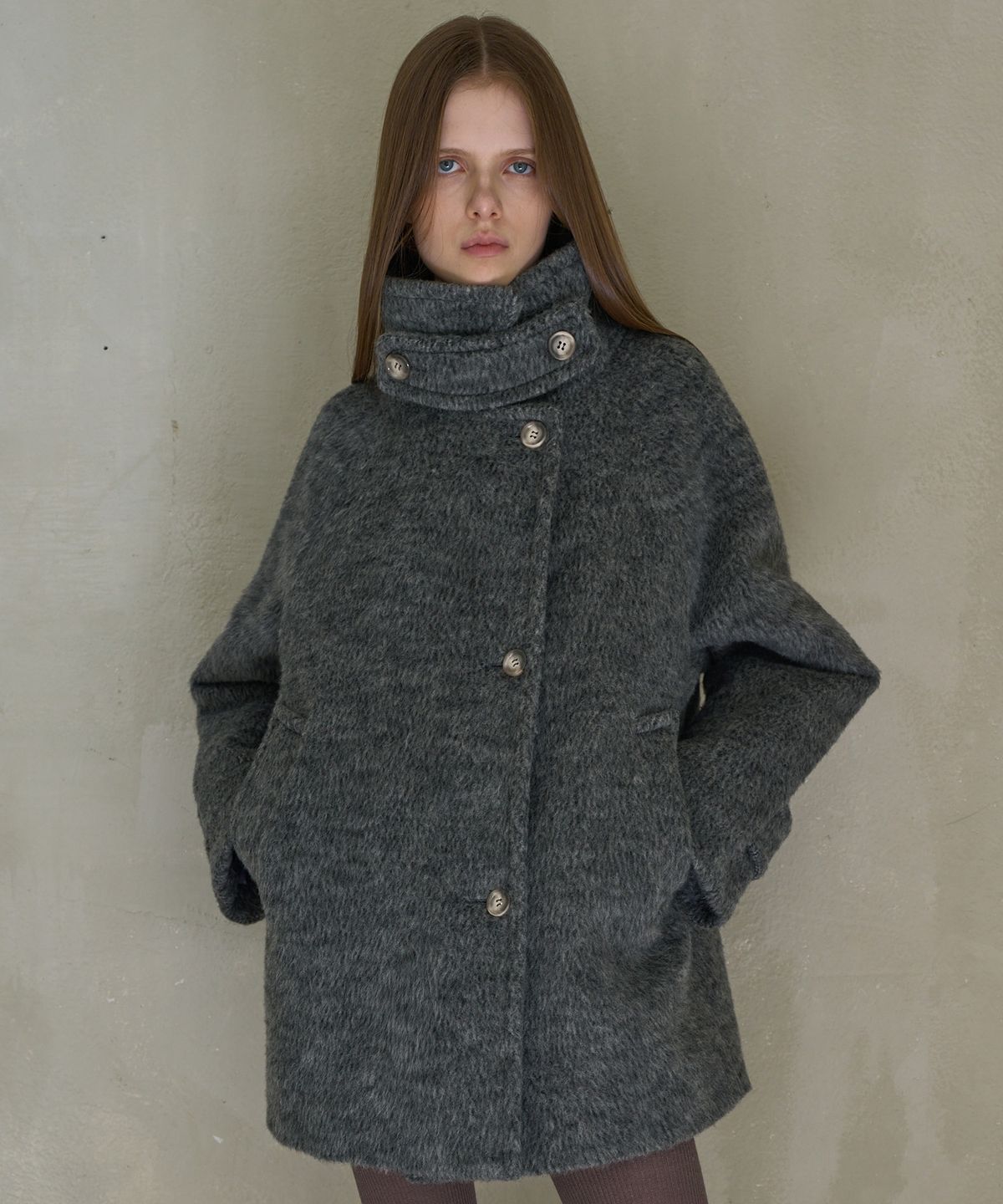 기준(KIJUN) [WOOL100%] HAIRY WOOL HALF COAT_MELANGE GREY