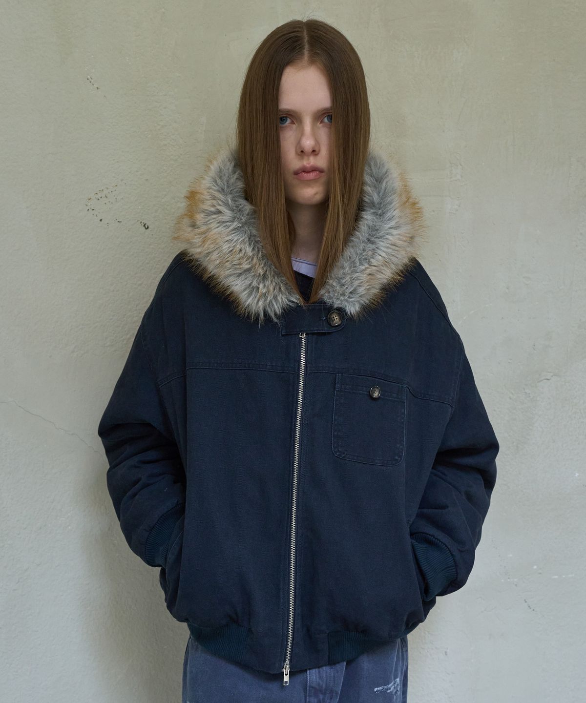 기준(KIJUN) FUR HOODED BOMBER JACKET_NAVY