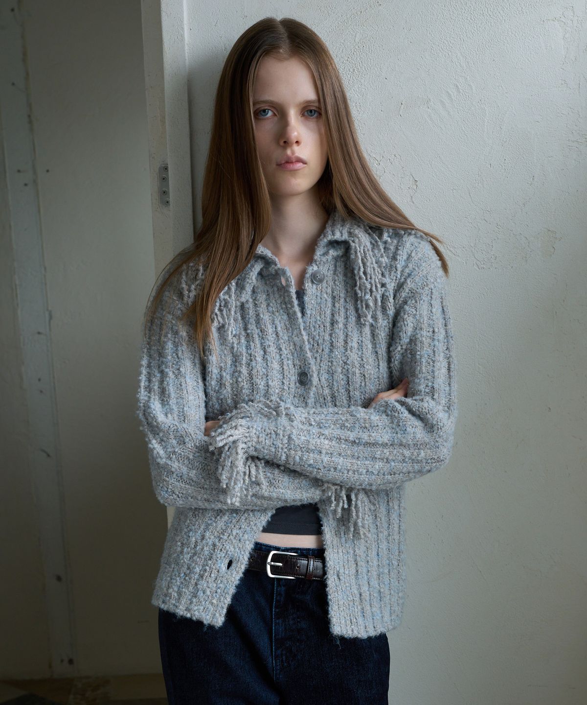 기준(KIJUN) FRINGE BOUCLE CARDIGAN_GREY
