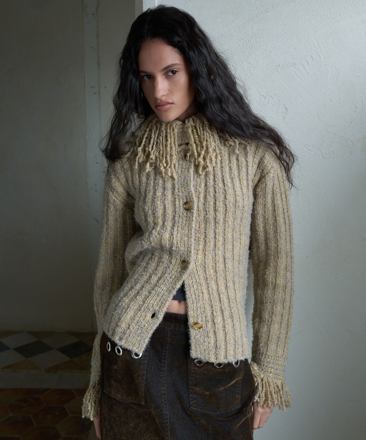 기준(KIJUN) FRINGE BOUCLE CARDIGAN_BEIGE