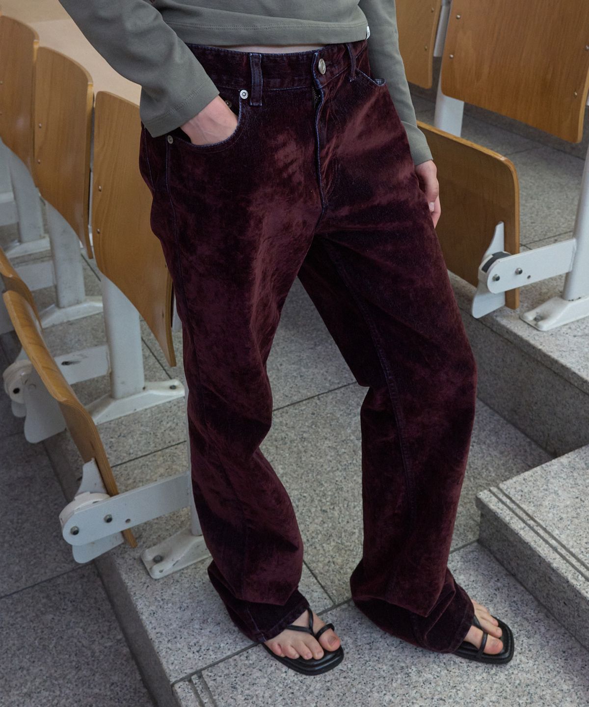 기준(KIJUN) WASHED VELVET STRAIGHT PANTS_BURGUNDY