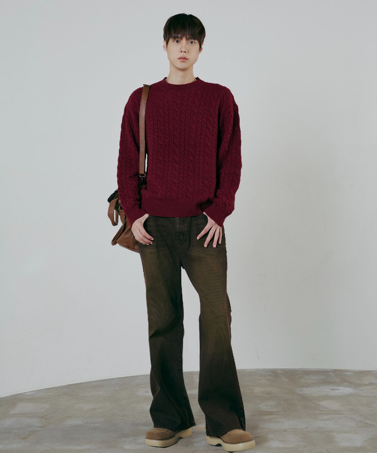 노드유(NODU) 램스울 케이블 더블 라운드 니트 버건디
