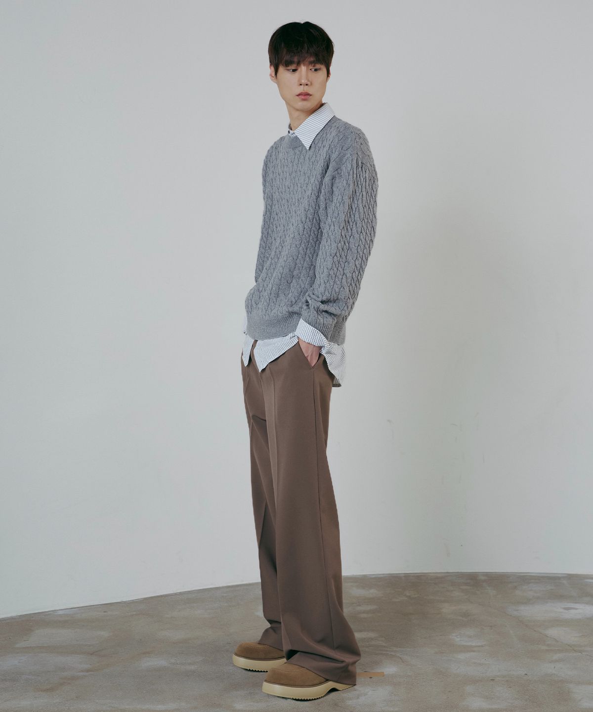 노드유(NODU) 램스울 케이블 더블 라운드 니트 그레이