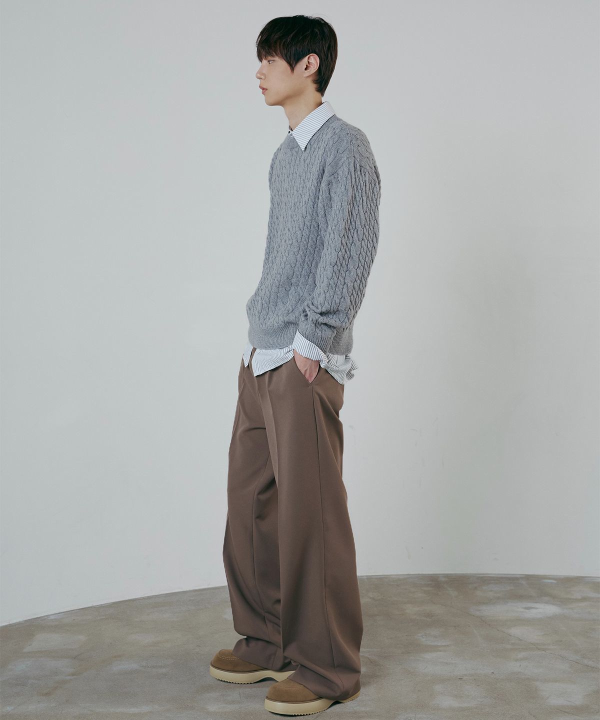 노드유(NODU) 램스울 케이블 더블 라운드 니트 그레이